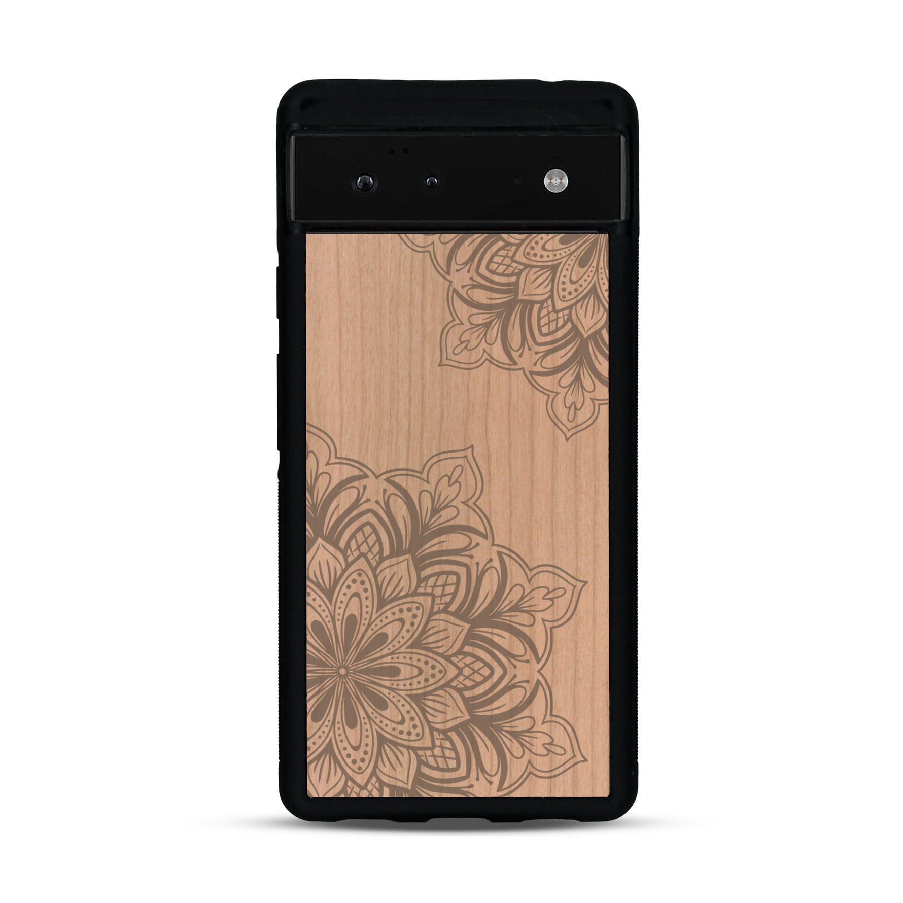 Coque de protection en bois véritable fabriquée en France pour  sur le thème de la bohème et du tatouage au henné avec une gravure représentant un mandala