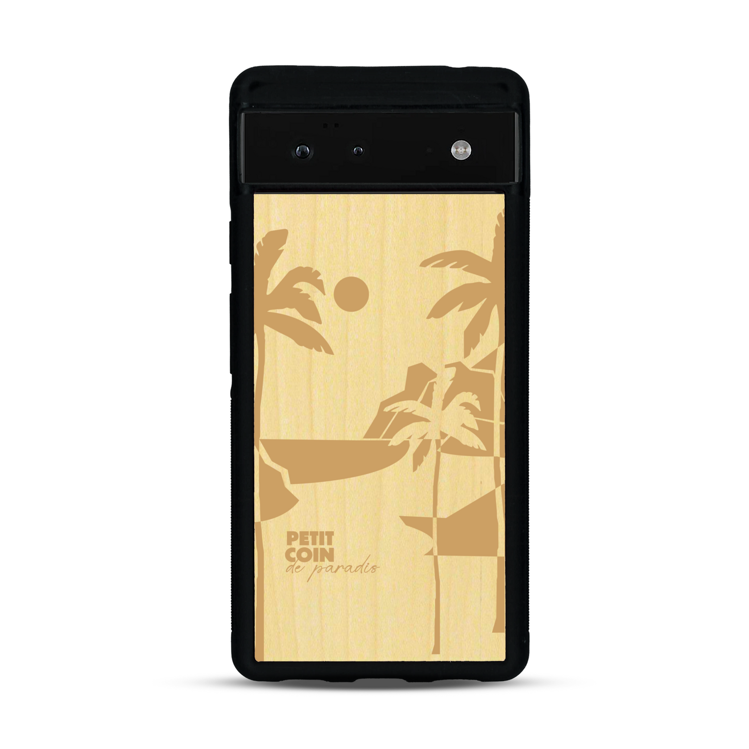 Coque de protection en bois véritable fabriquée en France pour  sur le thème des voyages en vans, vanlife et chill avec une gravure représentant un van vw combi devant le soleil couchant sur une plage avec des vagues