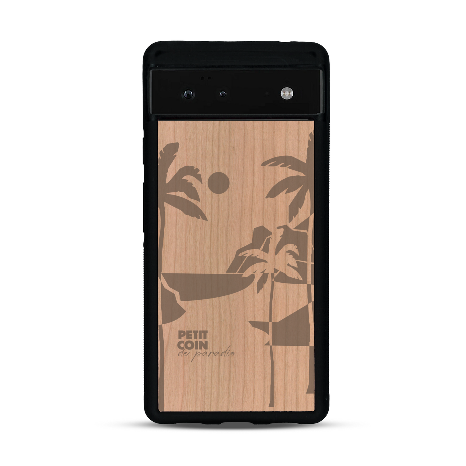 Coque de protection en bois véritable fabriquée en France pour  sur le thème des voyages en vans, vanlife et chill avec une gravure représentant un van vw combi devant le soleil couchant sur une plage avec des vagues