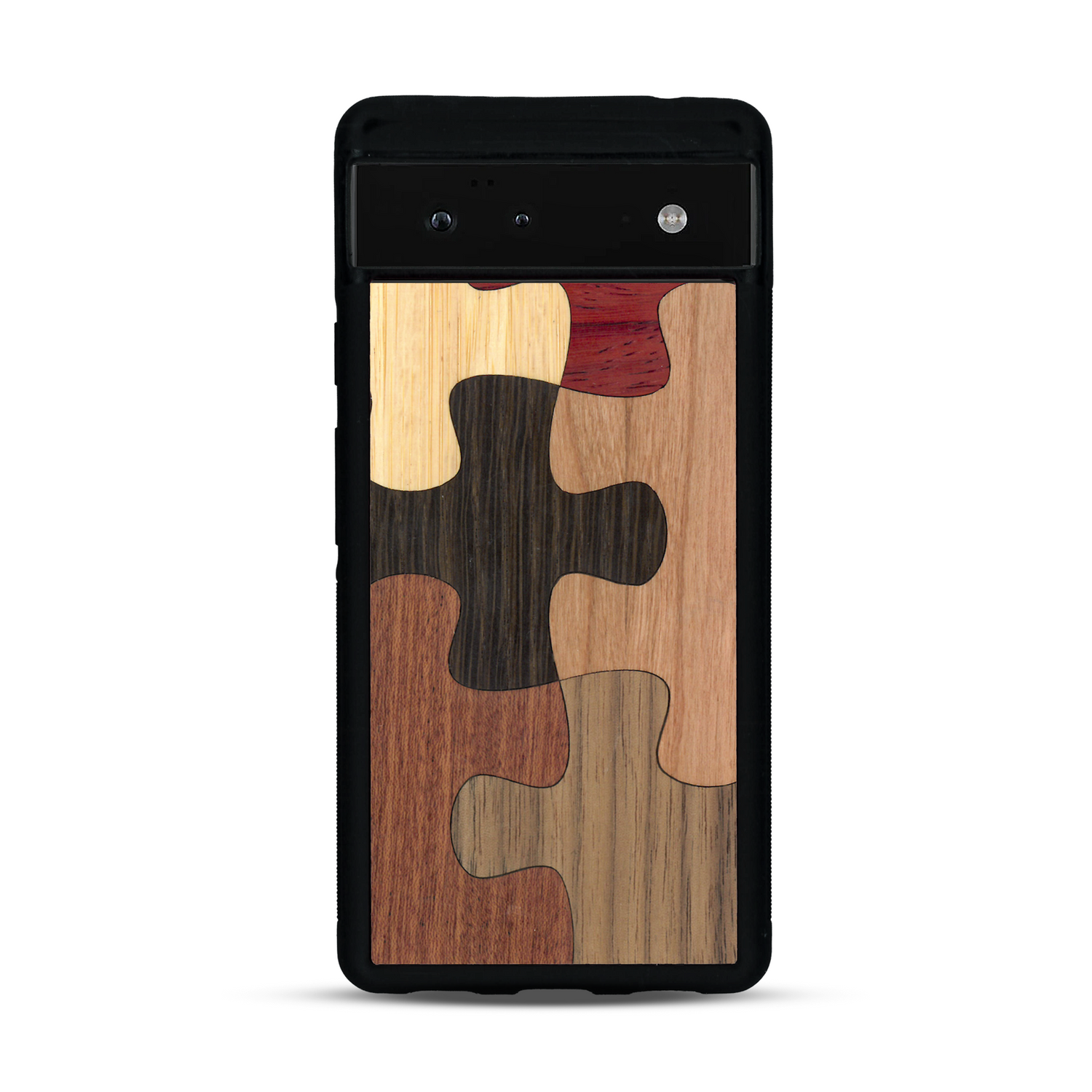 Coque de protection en bois véritable fabriquée en France pour  représentant un puzzle en six pièces qui allie du chêne fumé, du noyer, du bambou, du padouk, du merisier et de l'acajou