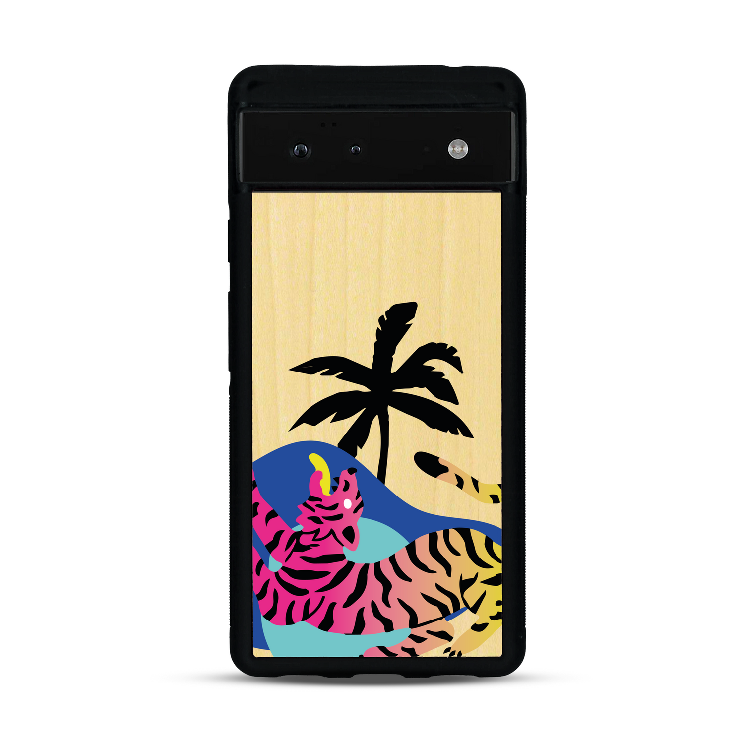Coque de protection en bois véritable fabriquée en France pour Google Pixel 6a représentant un tigre coloré avec un design moderne et minimaliste sur le thème de la jungle et de la nature