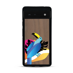 Coque de protection en bois véritable fabriquée en France pour Google Pixel 6a représentant un toucan coloré avec un design moderne et minimaliste sur le thème de la jungle et de la nature