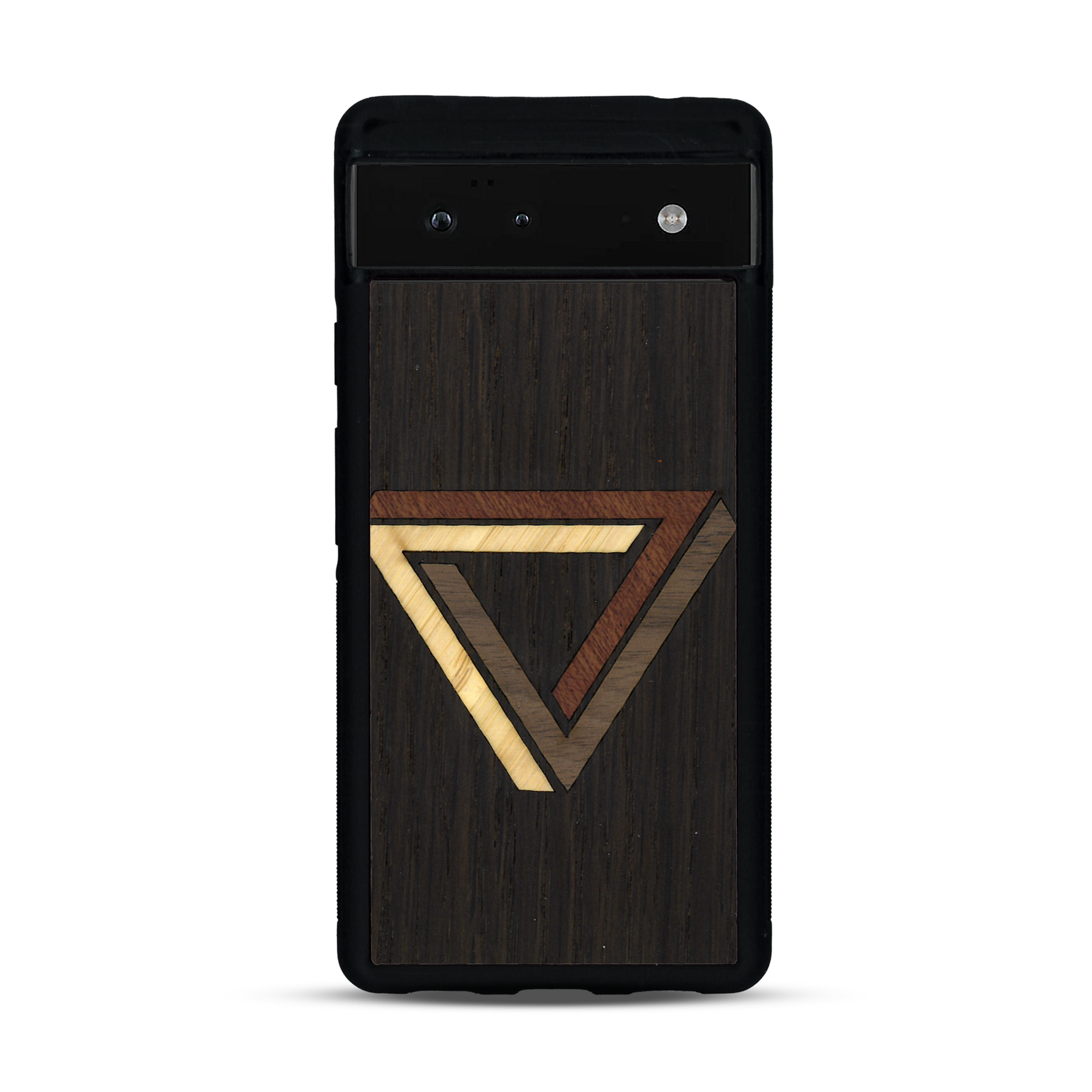 Coque de protection en bois véritable fabriquée en France pour  sur le thème de l'art géométrique qui allie du chêne fumé, du noyer, du bambou et du padouk représentant le triangle de penrose