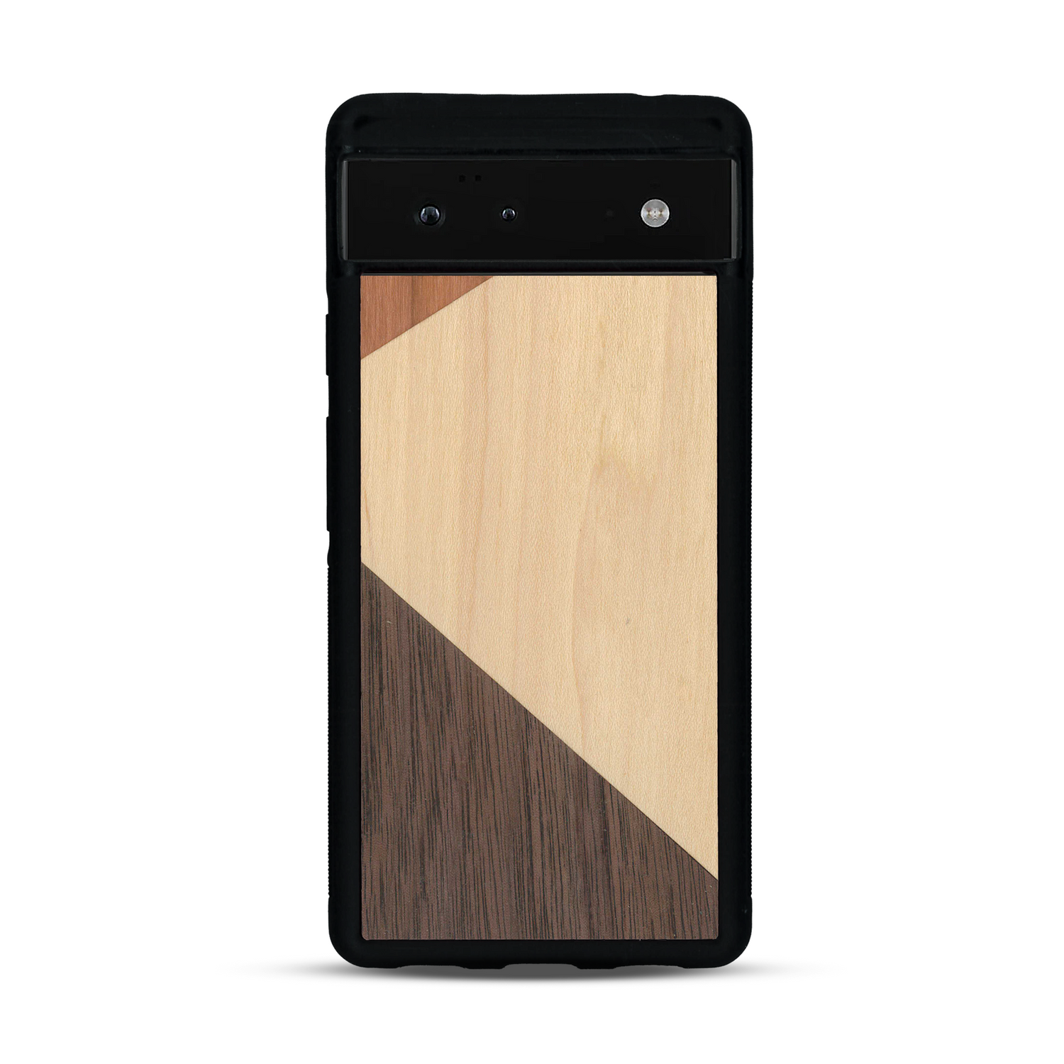 Coque de protection en bois véritable fabriquée en France pour  alliant du merisier, du noyer et du bambou formant chacun deux triangles et un trapèze avec deux jointures en diagonale sur le thème de l'art abstrait