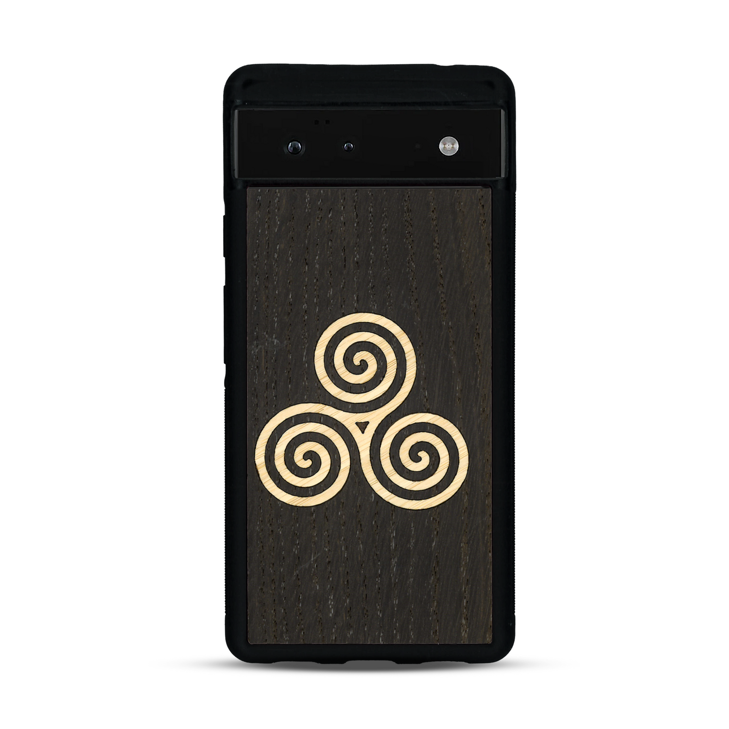 Coque de protection en bois véritable fabriquée en France pour  alliant du chêne fumé et du bambou et doré représentant un triskell