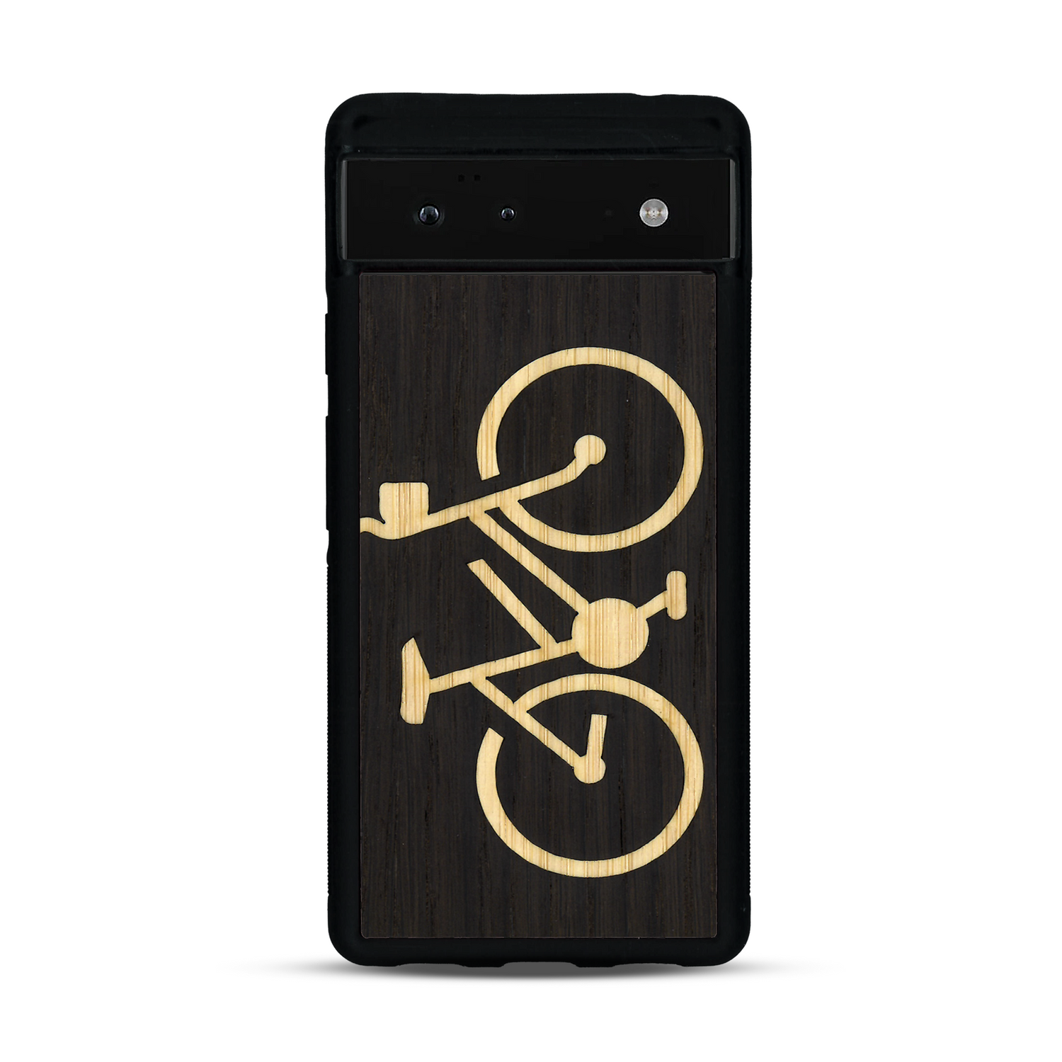 Coque de protection en bois véritable fabriquée en France pour  sur le theme du vélo et de l'outdoor qui allie du bambou et du chêne fumé représentant un vélo