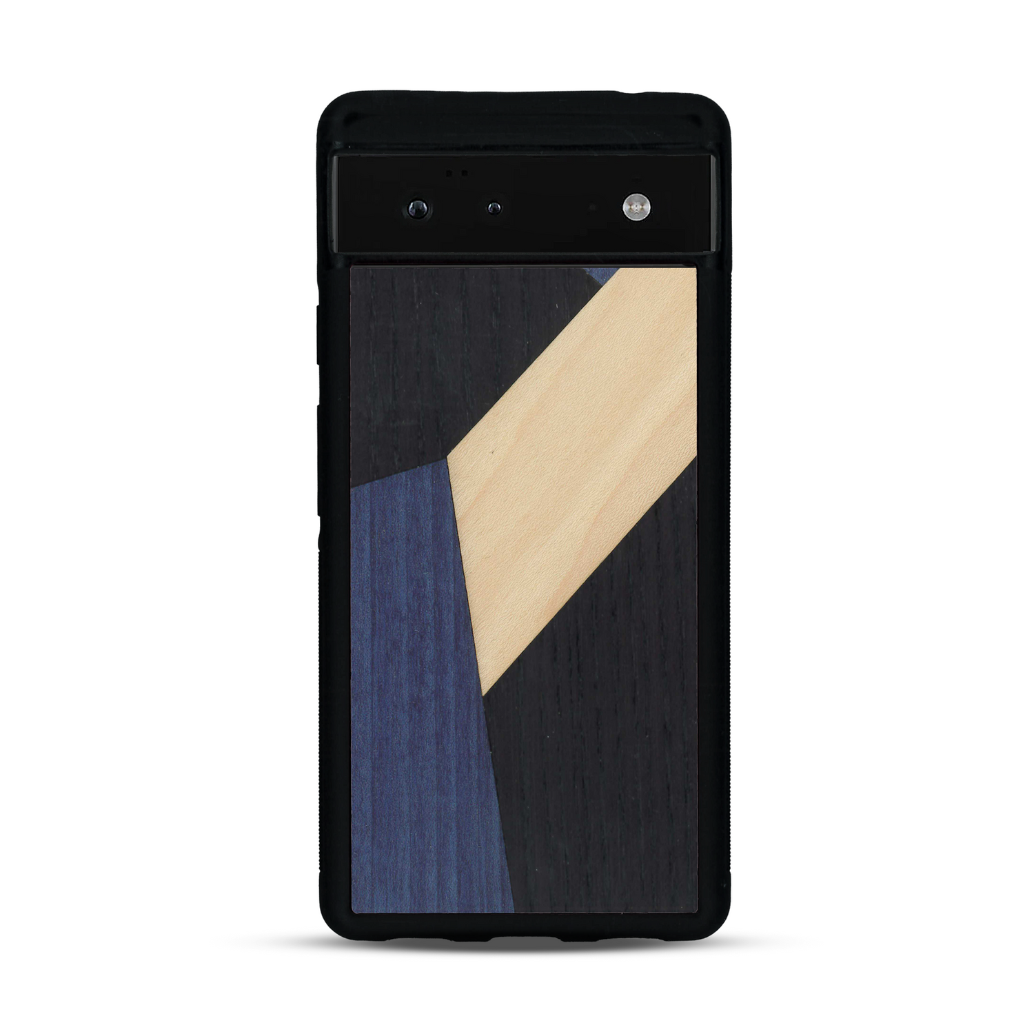 Coque de protection en bois véritable fabriquée en France pour  alliant du bambou, du tulipier bleu et noir en forme de mosaïque minimaliste sur le thème de l'art abstrait