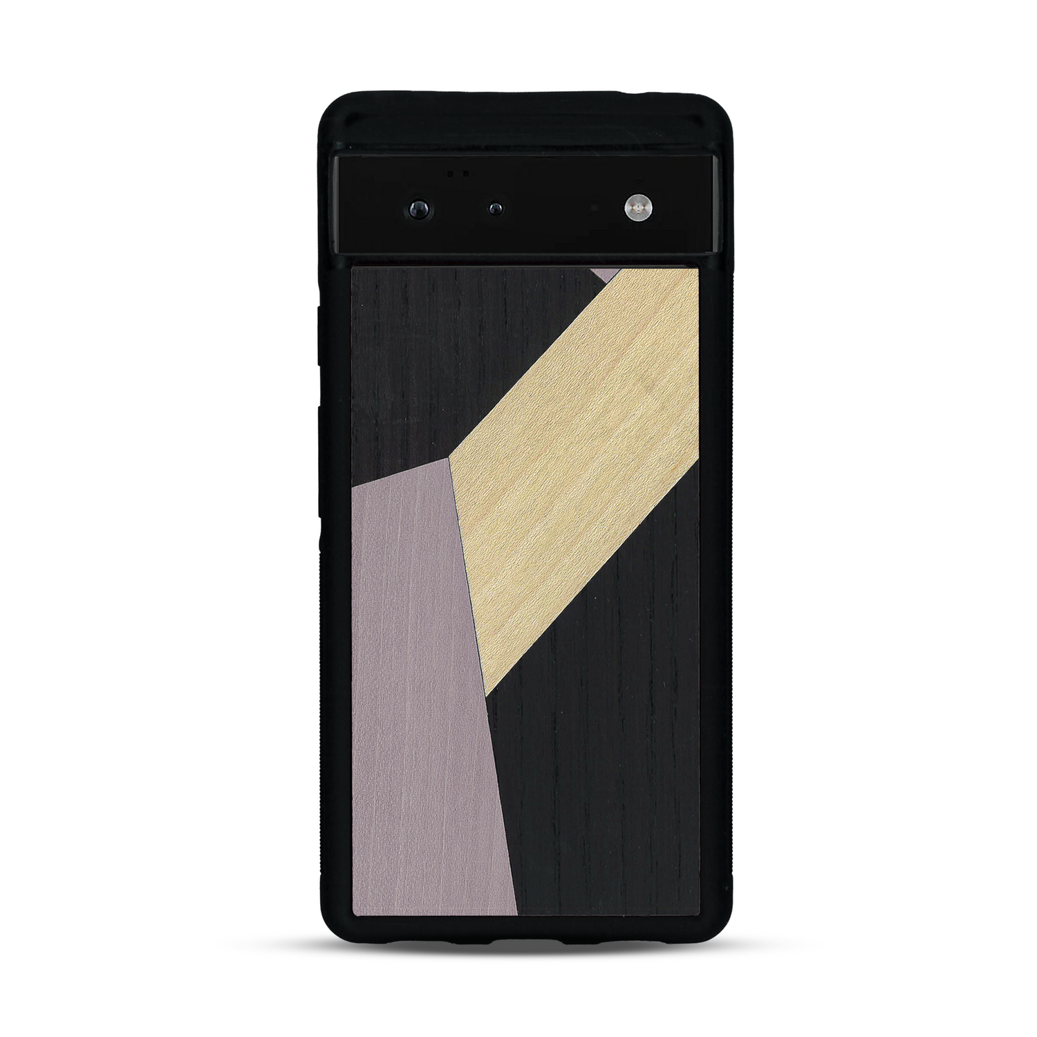 Coque de protection en bois véritable fabriquée en France pour  alliant du bambou, du tulipier mauve et noir en forme de mosaïque minimaliste sur le thème de l'art abstrait