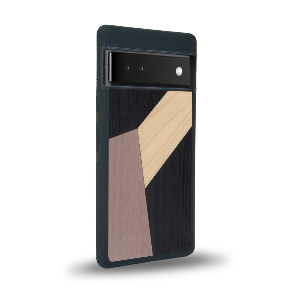 Coque de protection en bois véritable fabriquée en France pour Google Pixel 6a alliant du bambou, du tulipier mauve et noir en forme de mosaïque minimaliste sur le thème de l'art abstrait