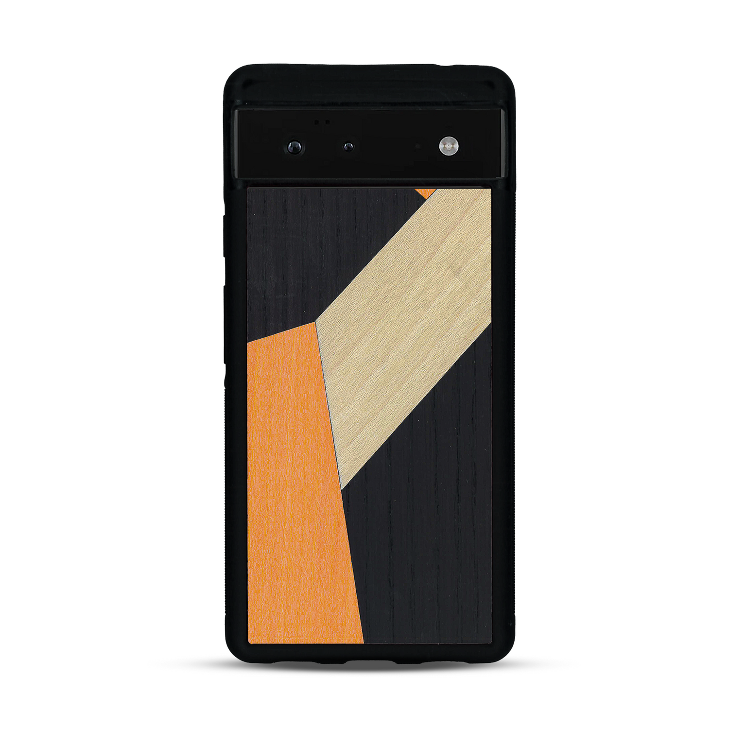 Coque de protection en bois véritable fabriquée en France pour  alliant du bambou, du tulipier orange et noir en forme de mosaïque minimaliste sur le thème de l'art abstrait