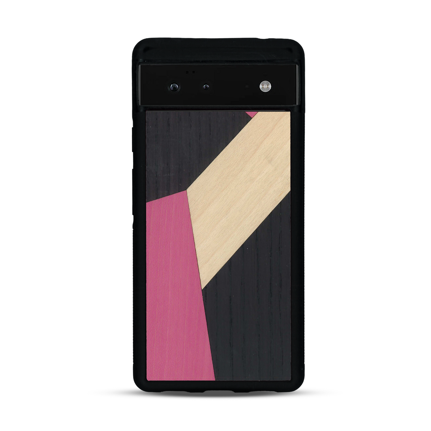 Coque de protection en bois véritable fabriquée en France pour  alliant du bambou, du tulipier rose et noir en forme de mosaïque minimaliste sur le thème de l'art abstrait