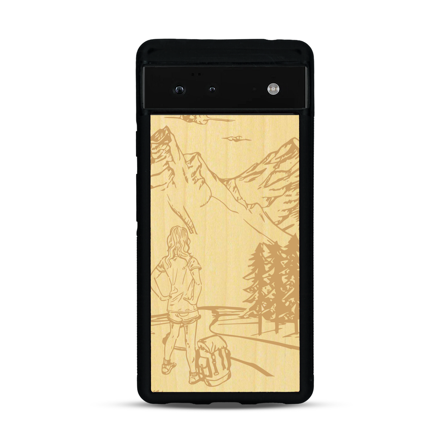 Coque de protection en bois véritable fabriquée en France pour  sur le thème de la randonnée en montagne et de l'aventure avec une gravure représentant une femme de dos face à un paysage de nature