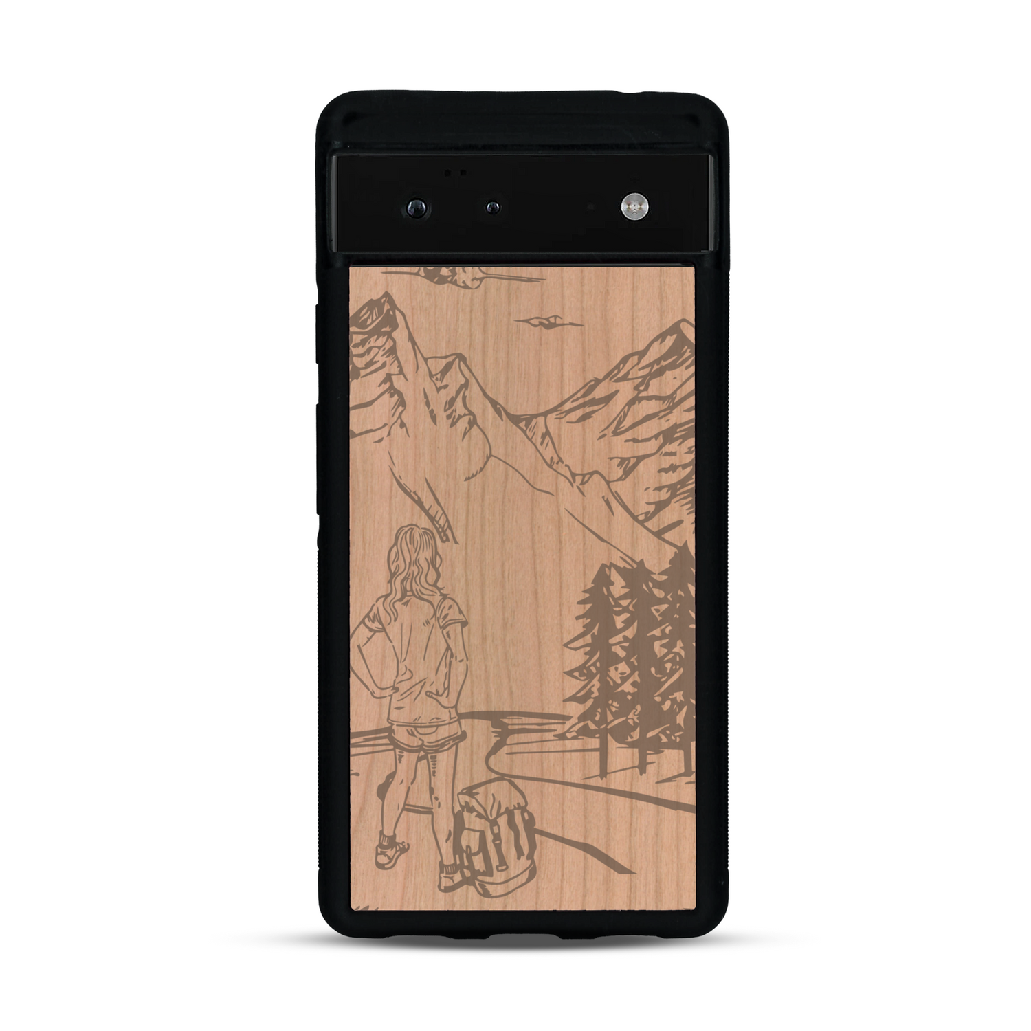 Coque de protection en bois véritable fabriquée en France pour  sur le thème de la randonnée en montagne et de l'aventure avec une gravure représentant une femme de dos face à un paysage de nature
