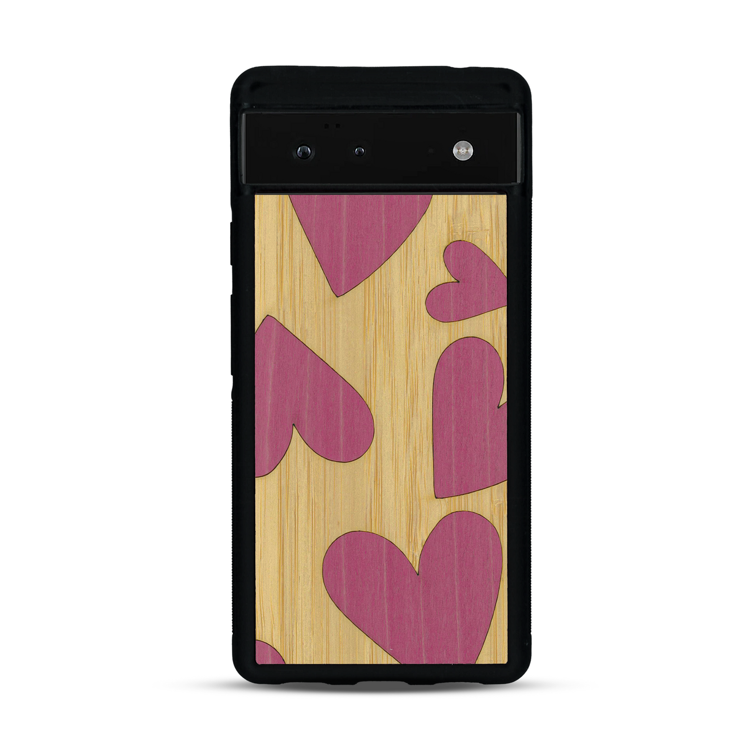 Coque de protection en bois véritable fabriquée en France pour  alliant plusieurs essences de bois pour représenter des coeurs pour les amoureux