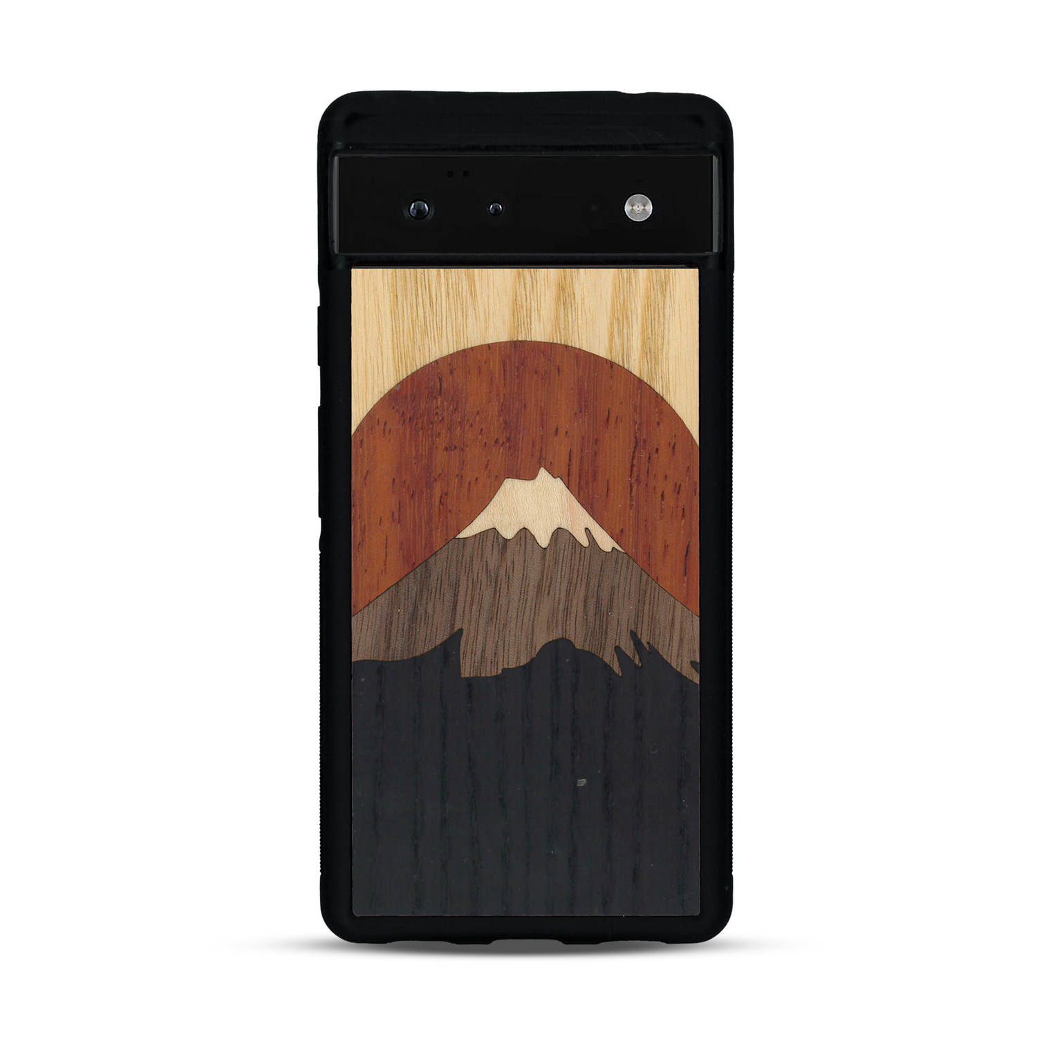 Coque de protection en bois véritable fabriquée en France pour  alliant plusieurs essences de bois pour représenter le mont Fuji