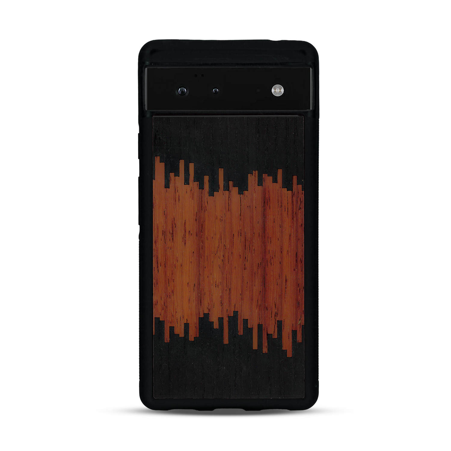 Coque de protection en bois véritable fabriquée en France pour  alliant plusieurs essences de bois pour représenter du magma en fusion