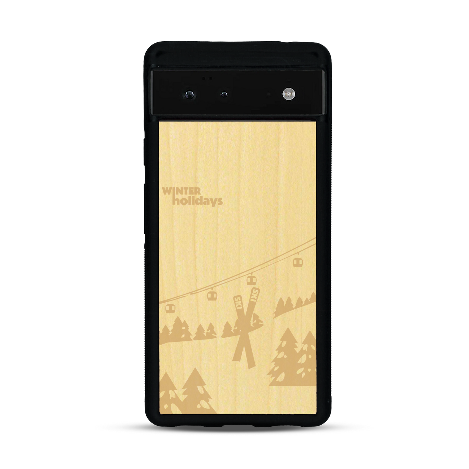 Coque de protection en bois véritable fabriquée en France pour  sur le thème de la montagne, du ski et de la neige avec un motif représentant une paire de ski plantée dans la neige avec en fond des montagnes enneigées