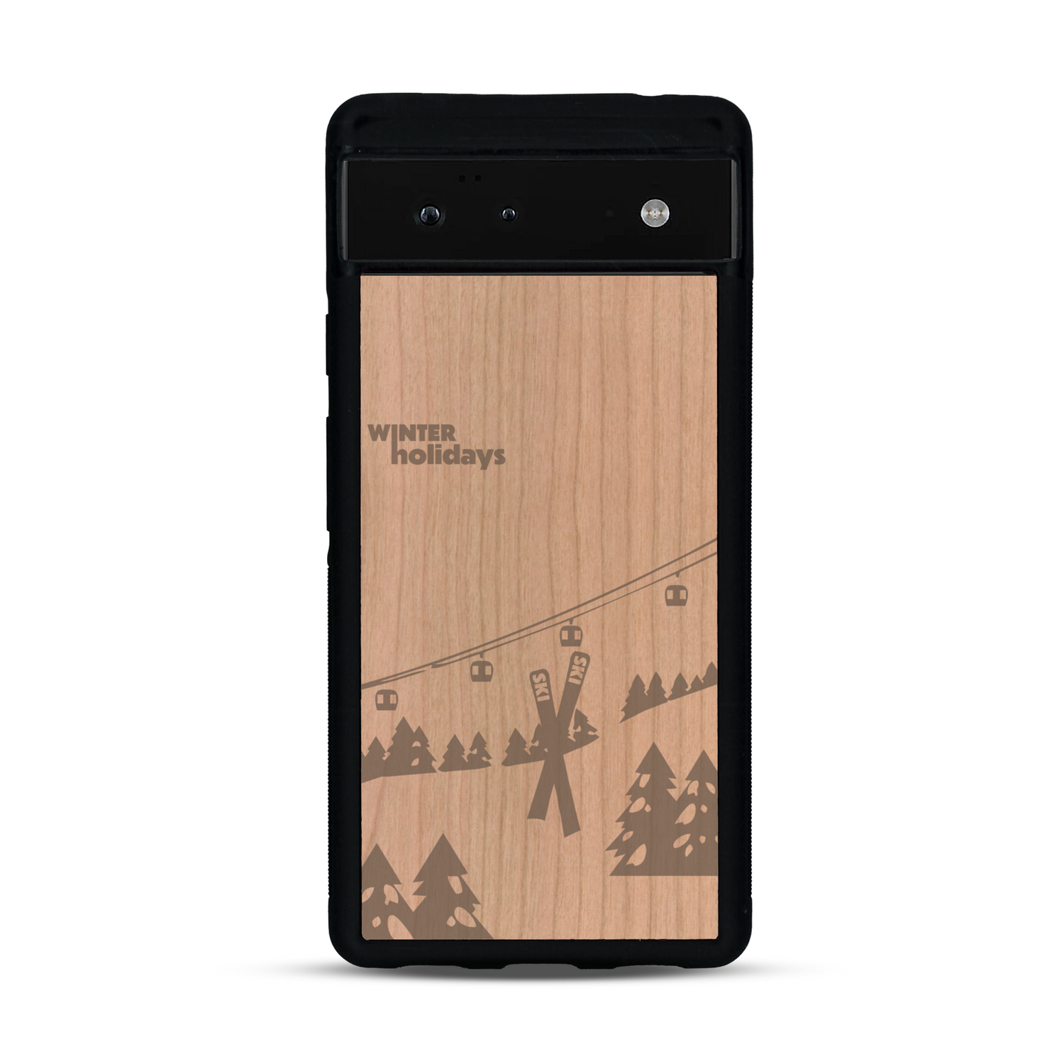 Coque de protection en bois véritable fabriquée en France pour  sur le thème de la montagne, du ski et de la neige avec un motif représentant une paire de ski plantée dans la neige avec en fond des montagnes enneigées
