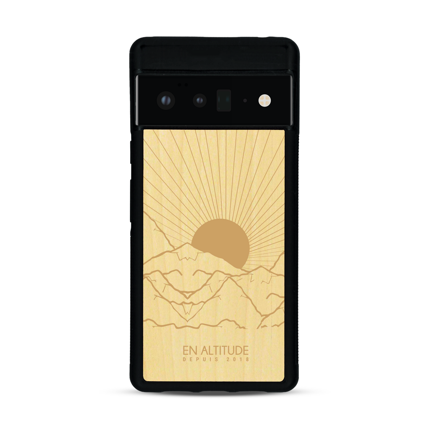 Coque de protection en bois véritable fabriquée en France pour  représentant des montagnes, sur le thème de la randonnée en pleine nature et du trail