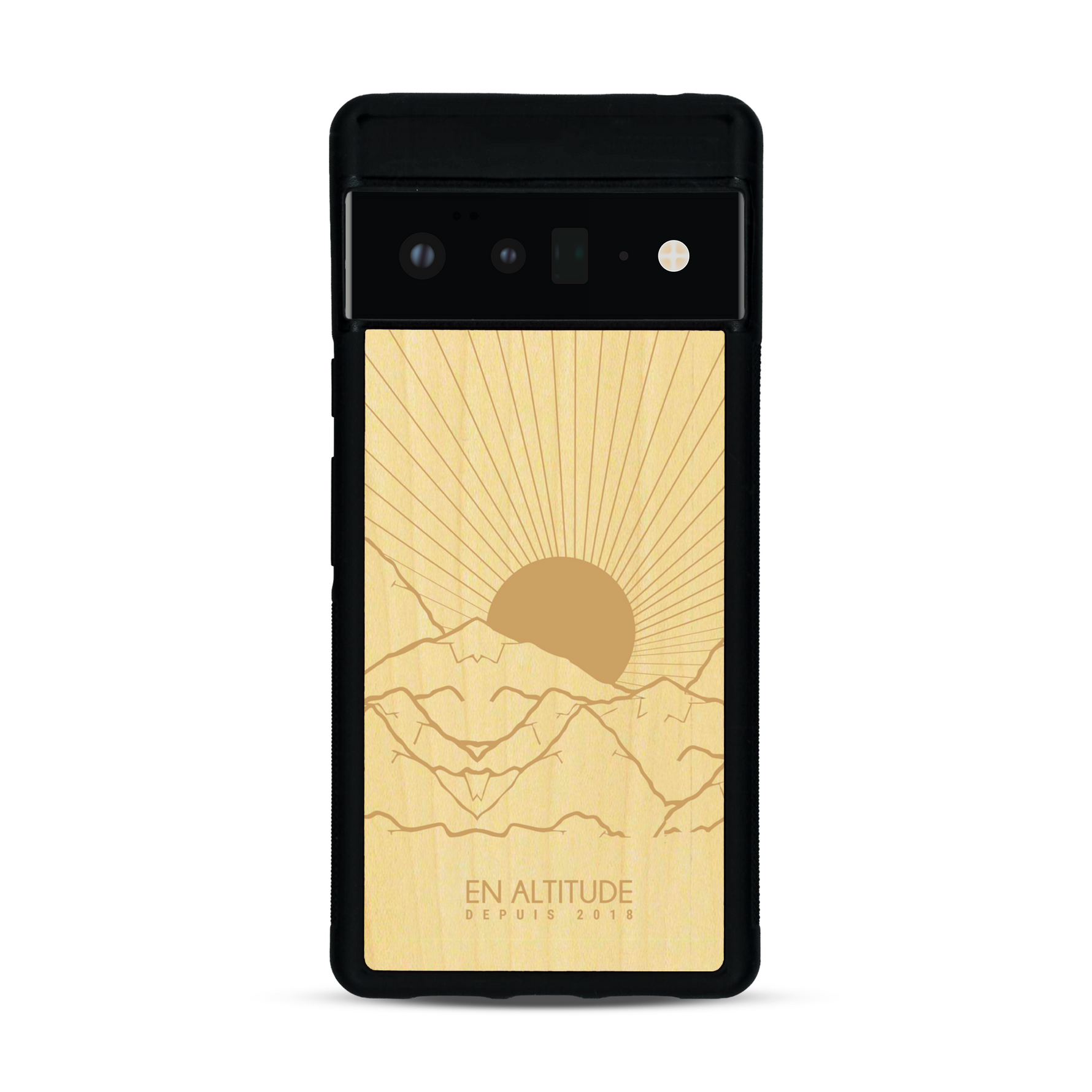 Coque de protection en bois véritable fabriquée en France pour  représentant des montagnes, sur le thème de la randonnée en pleine nature et du trail