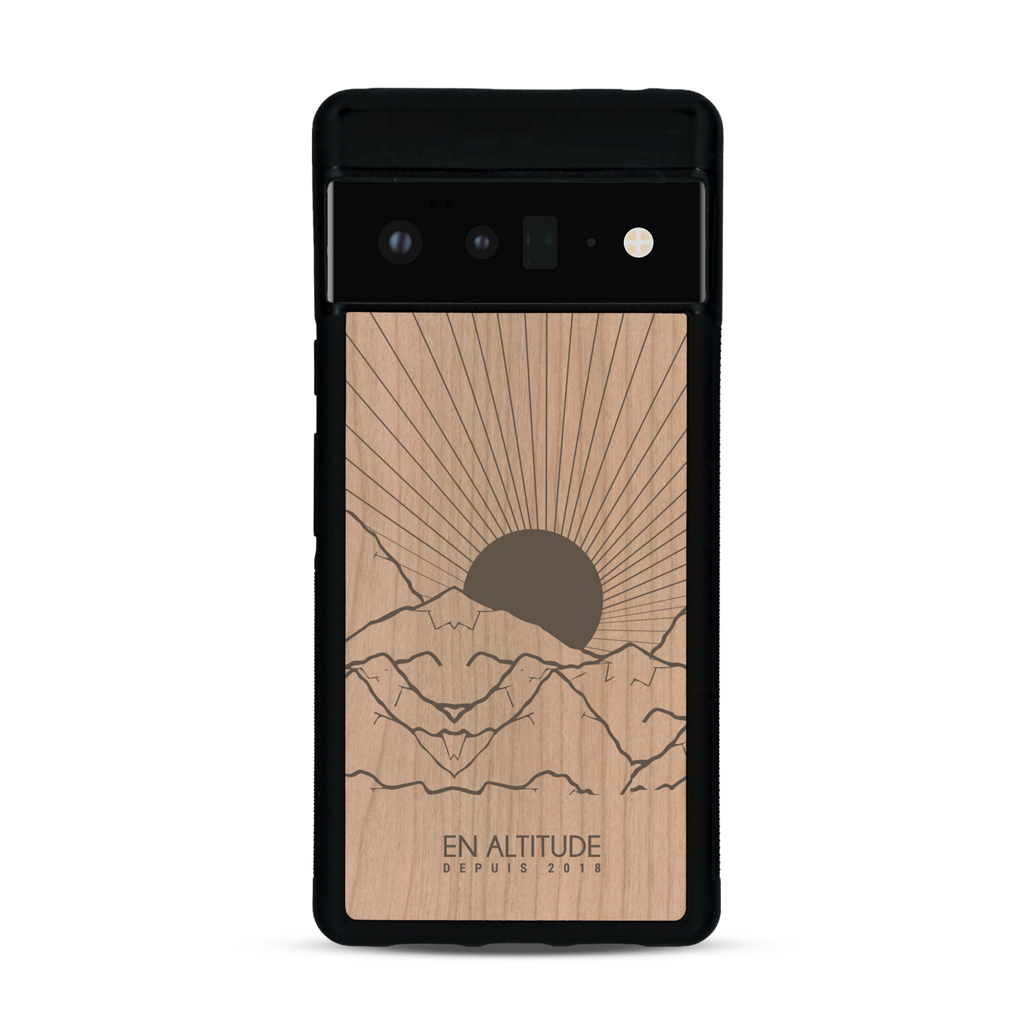 Coque de protection en bois véritable fabriquée en France pour  représentant des montagnes, sur le thème de la randonnée en pleine nature et du trail