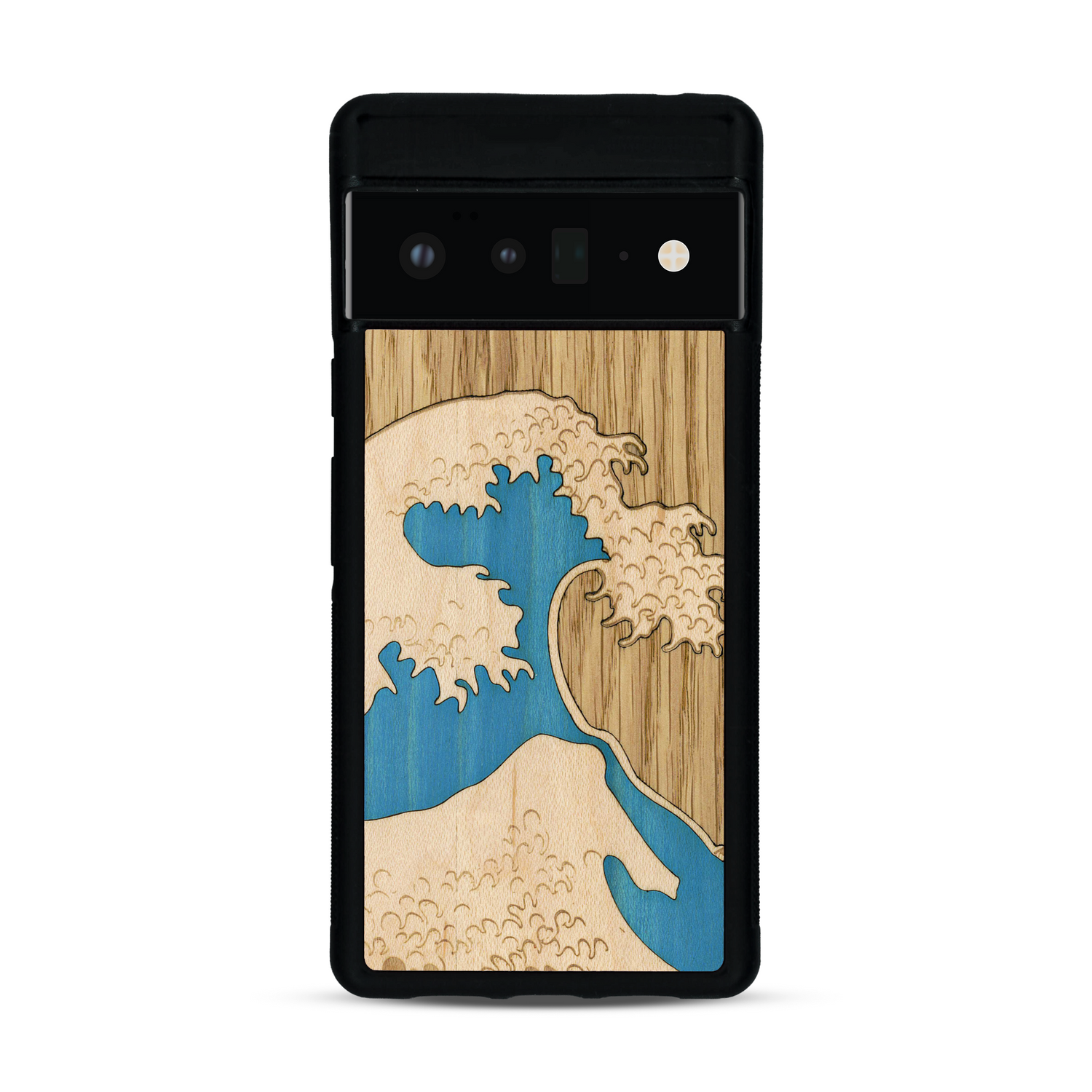 Coque de protection en bois véritable fabriquée en France pour  alliant plusieurs essences de bois pour représenter la célèbre grande vague de Kanagawa