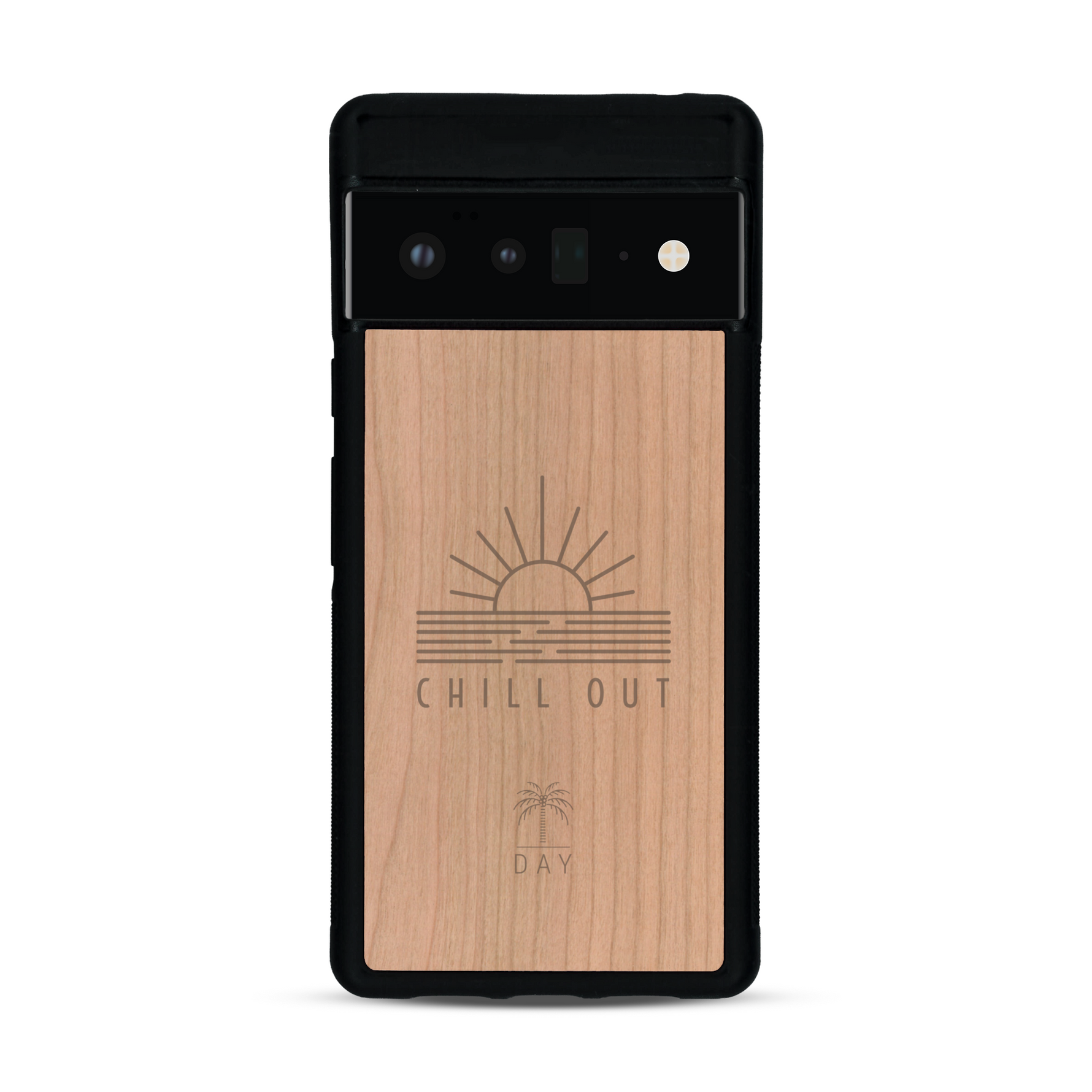 Coque de protection en bois véritable fabriquée en France pour  sur le thème chill avec un motif représentant un couché de soleil sur l'océan et la phrase "Chill out"