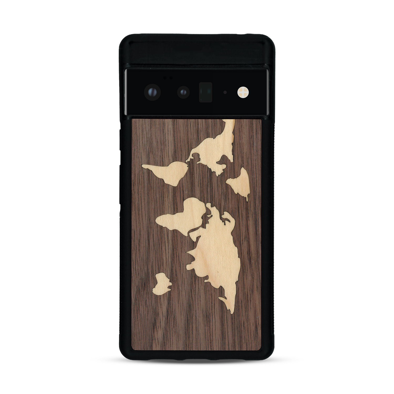 Coque de protection en bois véritable fabriquée en France pour  alliant du bambou et du noyer sur le thème du voyage et de l'aventure représentant une mappemonde
