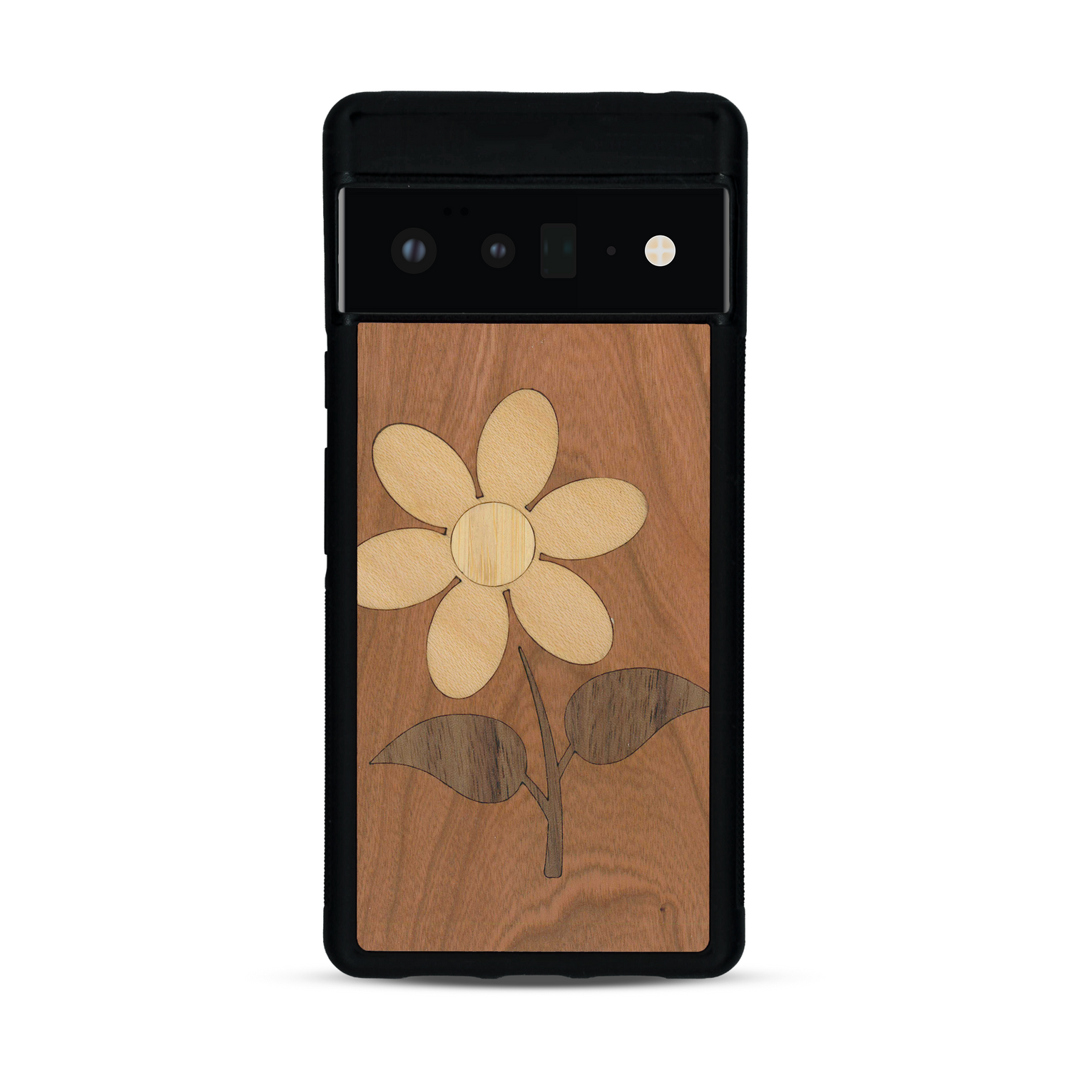 Coque de protection en bois véritable fabriquée en France pour  alliant plusieurs essences de bois pour représenter une marguerite