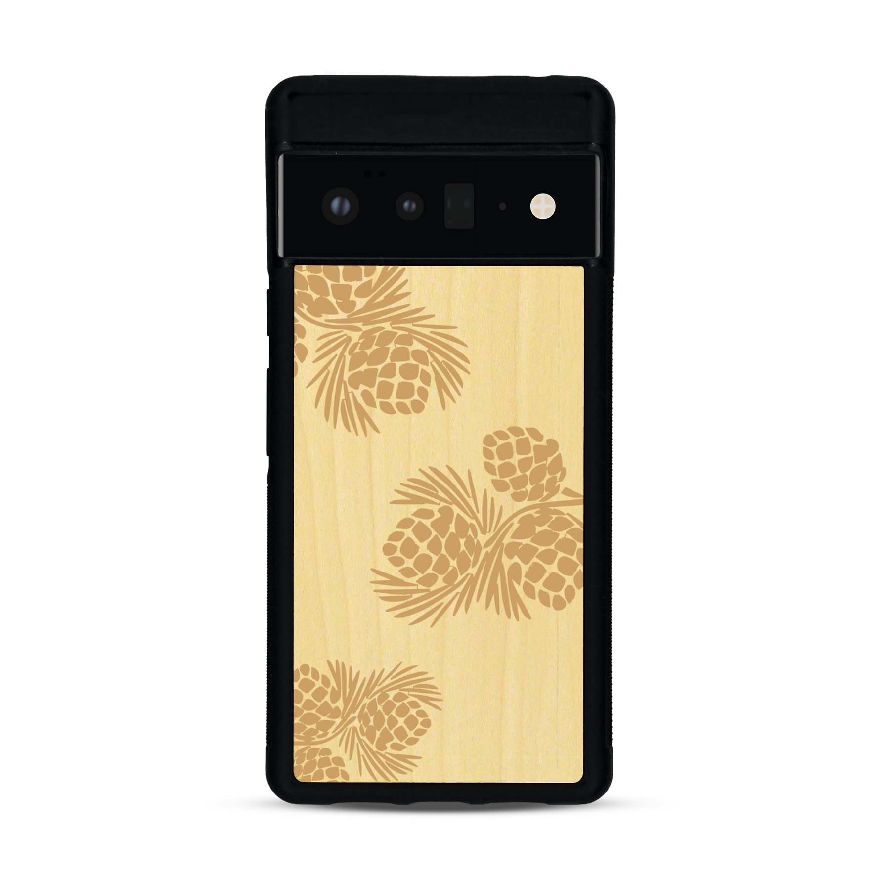 Coque de protection en bois véritable fabriquée en France pour  sur le thème de la nature des arbres avec un motif de gravure représentant des épines de sapin et des pommes de pin