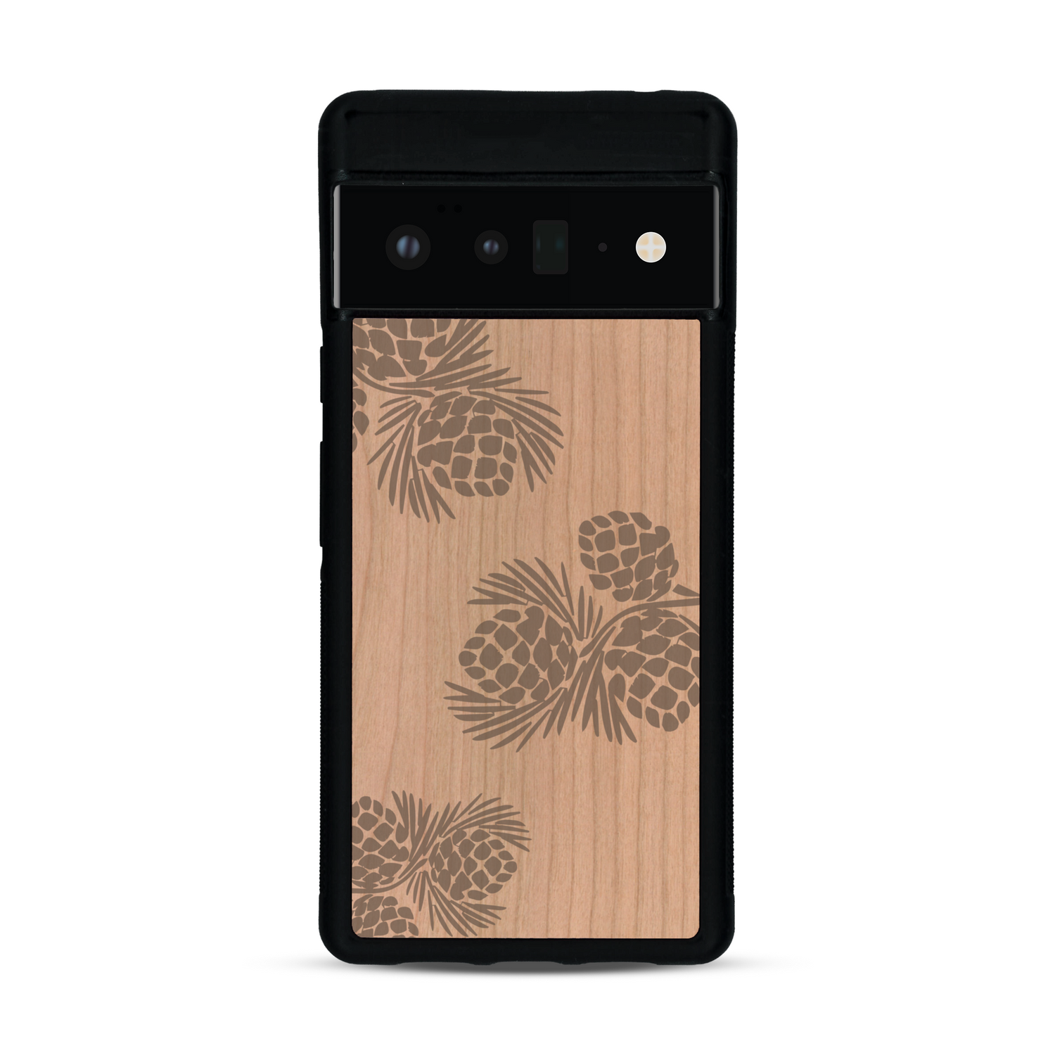 Coque de protection en bois véritable fabriquée en France pour  sur le thème de la nature des arbres avec un motif de gravure représentant des épines de sapin et des pommes de pin