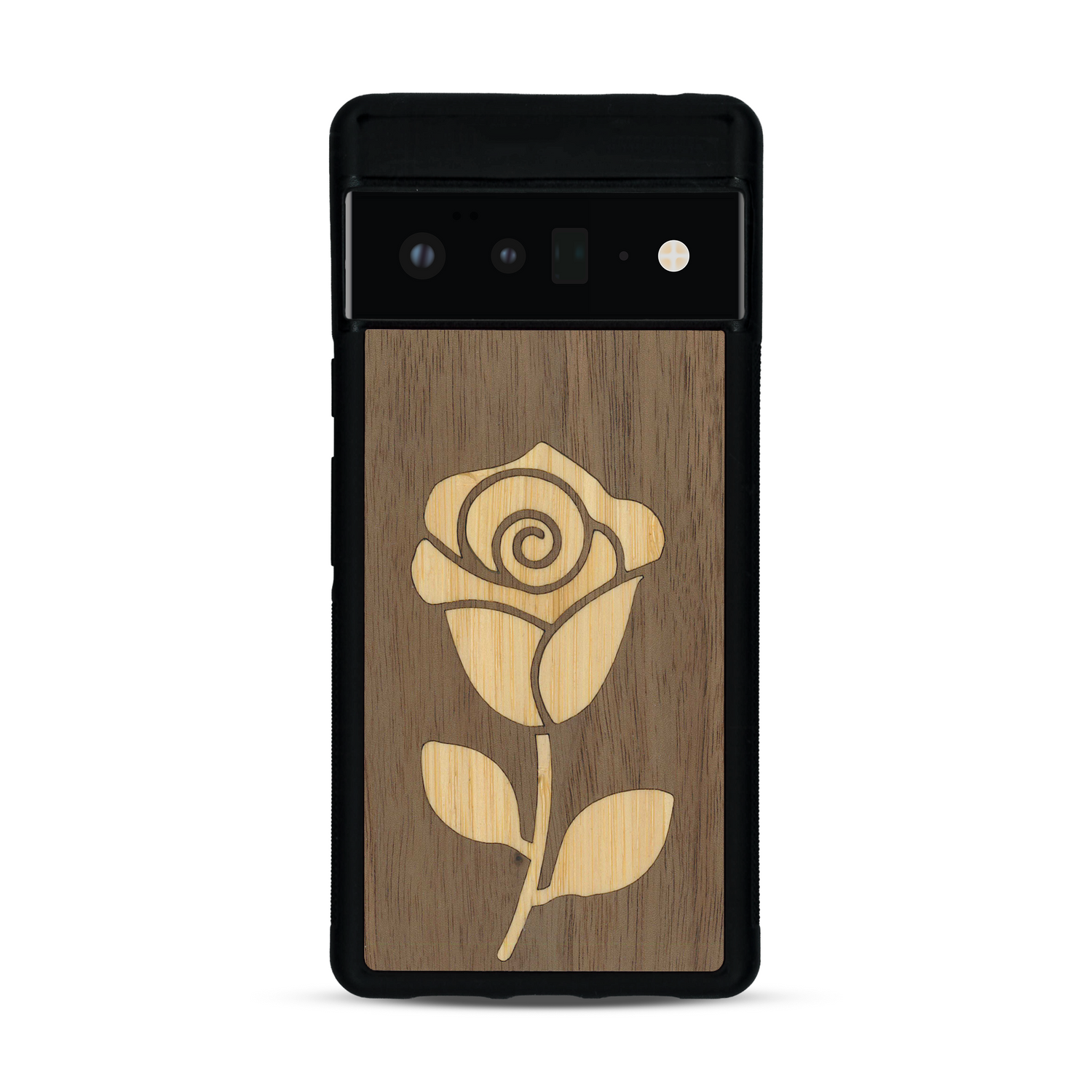 Coque de protection en bois véritable fabriquée en France pour  alliant plusieurs essences de bois pour représenter une rose