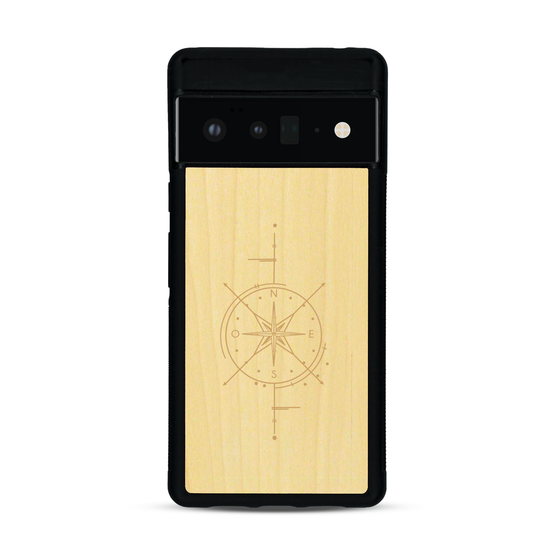 Coque de protection en bois véritable fabriquée en France pour  avec une gravure "rose des vents" sur le thème nautique et de l'océan qui s'inspire des boussoles de pirate
