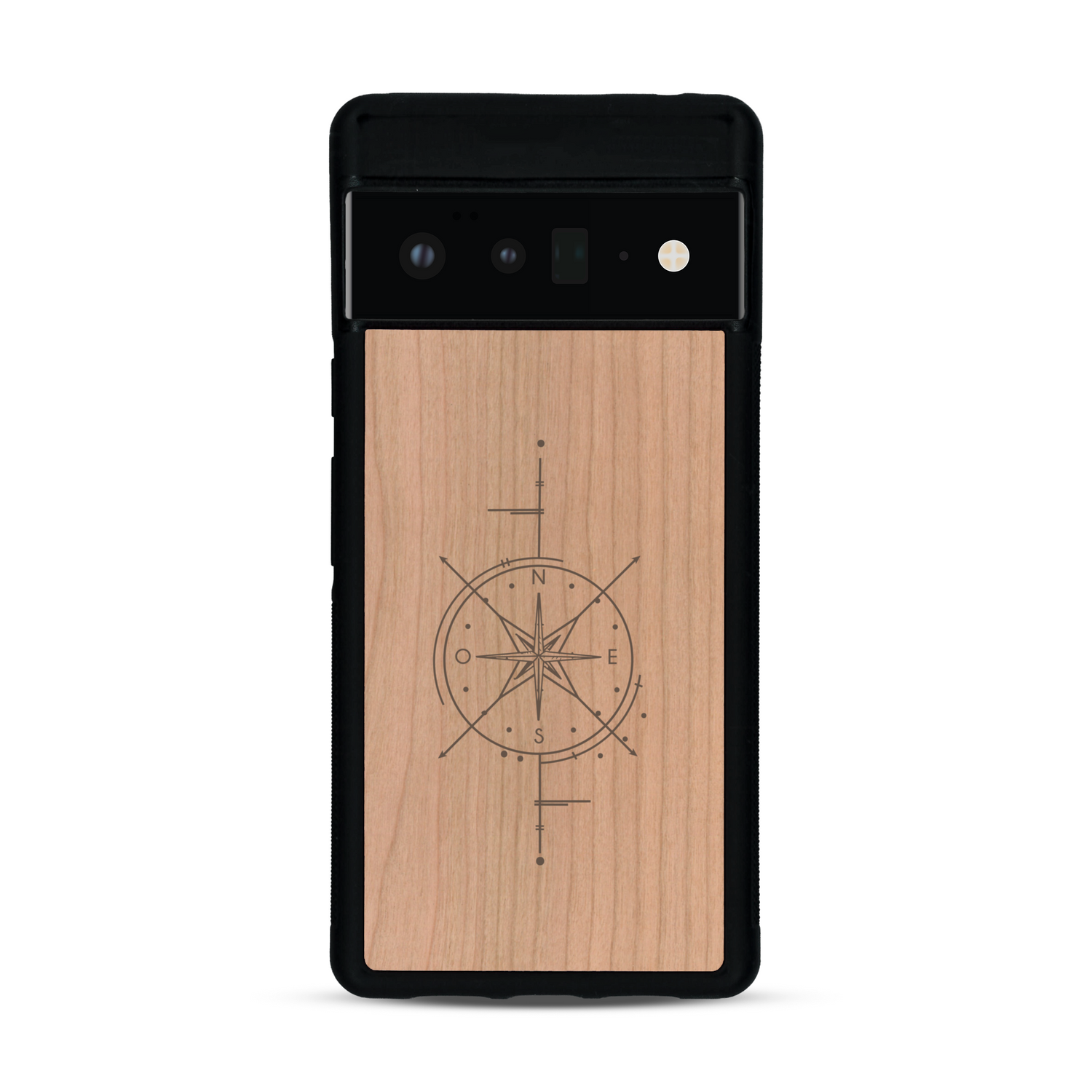 Coque de protection en bois véritable fabriquée en France pour  avec une gravure "rose des vents" sur le thème nautique et de l'océan qui s'inspire des boussoles de pirate
