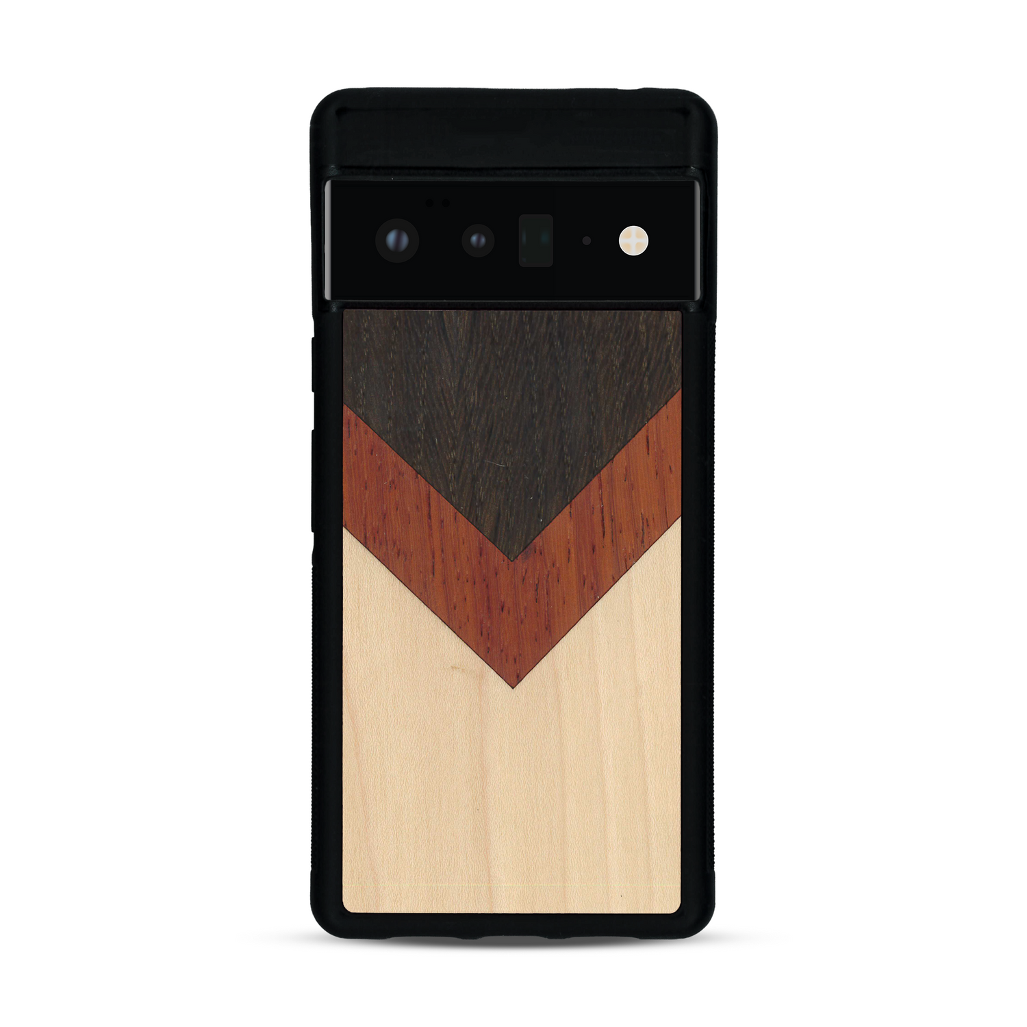 Coque de protection en bois véritable fabriquée en France pour  alliant du chêne fumé, du padouk et du bambou en forme de chevron sur le thème de l'art abstrait