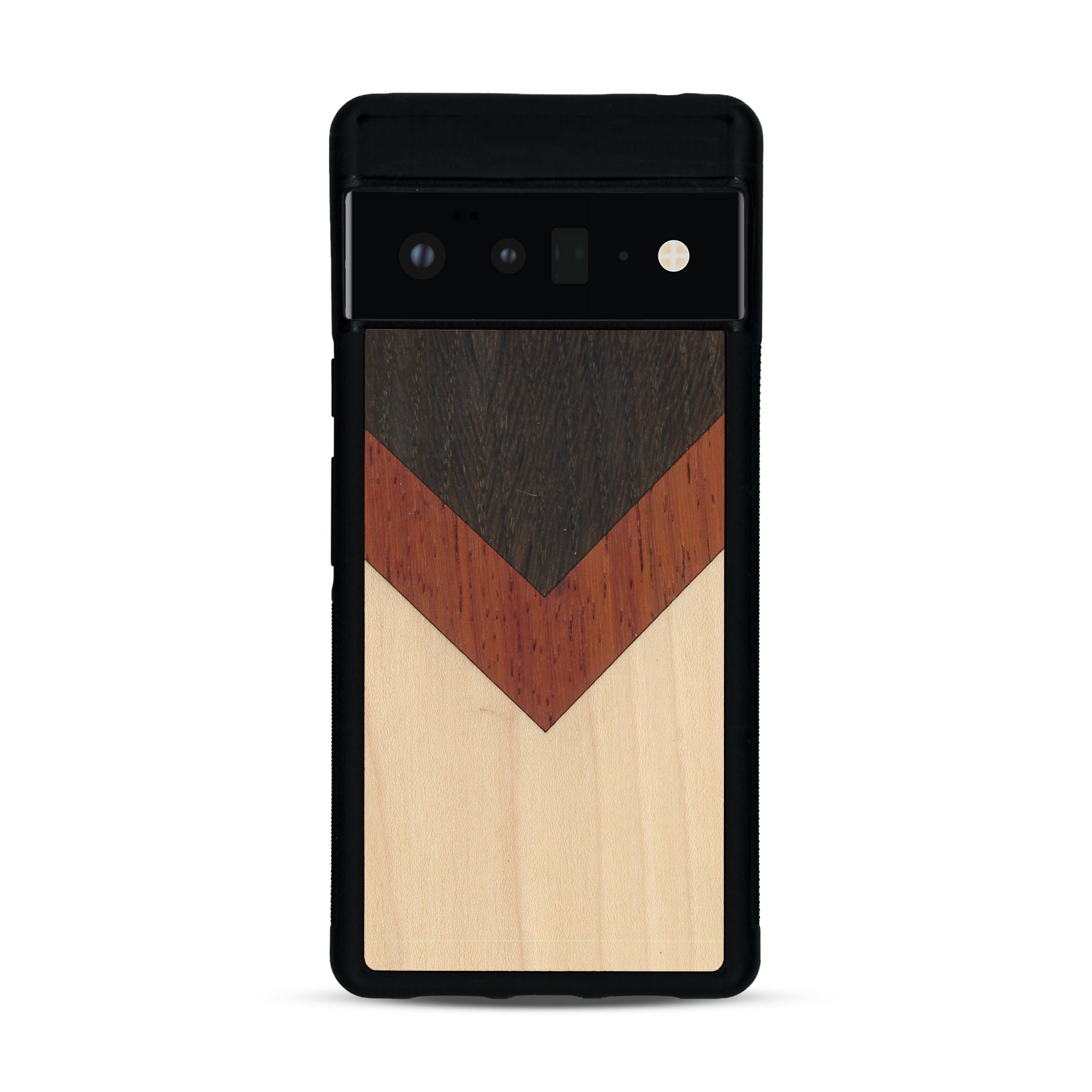 Coque de protection en bois véritable fabriquée en France pour  alliant du chêne fumé, du padouk et du bambou en forme de chevron sur le thème de l'art abstrait