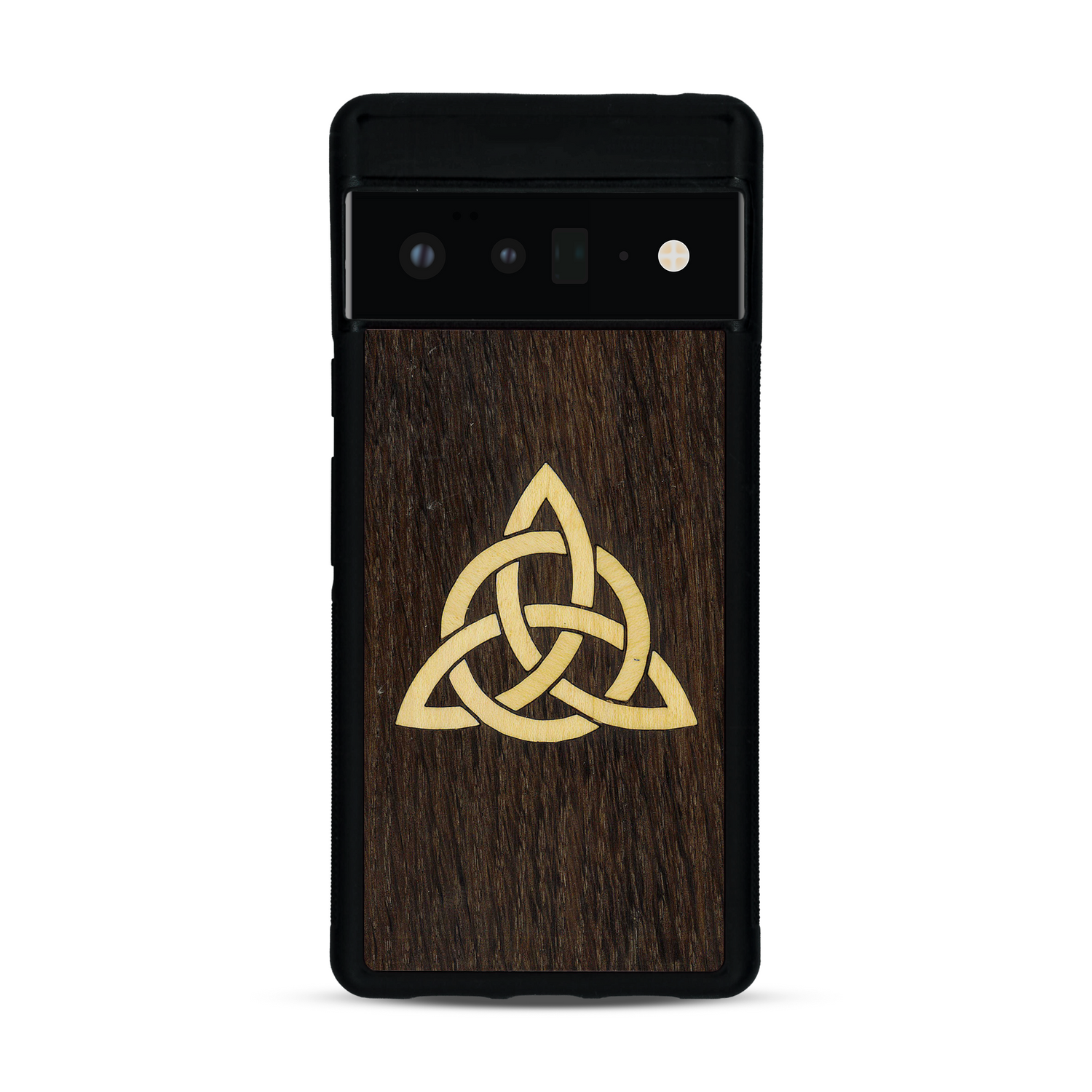Coque de protection en bois véritable fabriquée en France pour  alliant du chêne fumé et du bambou représentant une triquetra