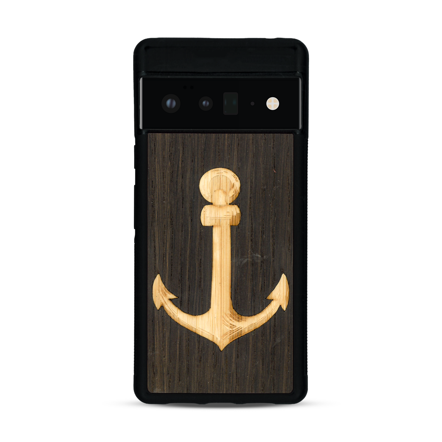 Coque de protection en bois véritable fabriquée en France pour  sur le thème nautique avec un bois clair et un bois foncé représentant une ancre de bateau
