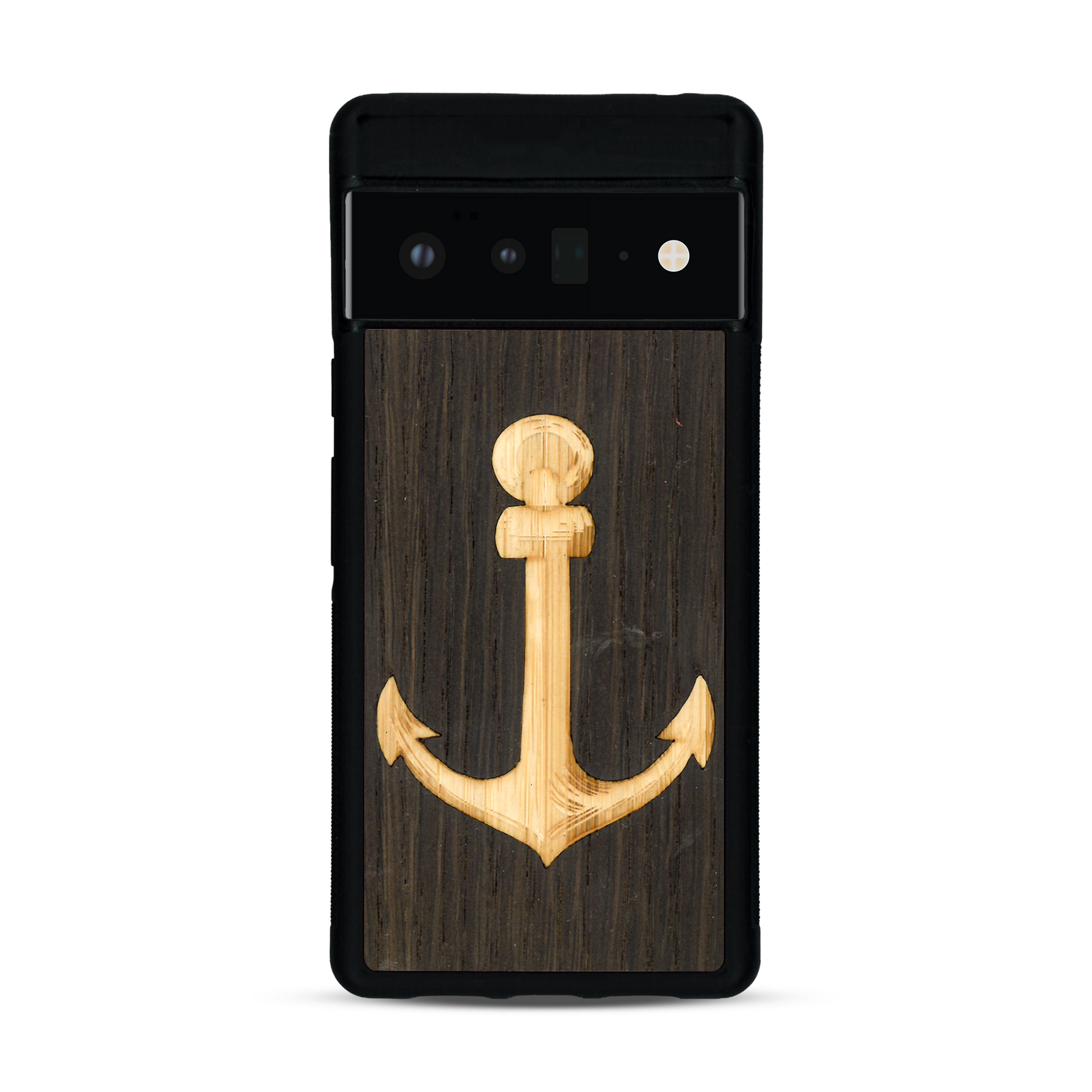 Coque de protection en bois véritable fabriquée en France pour  sur le thème nautique avec un bois clair et un bois foncé représentant une ancre de bateau
