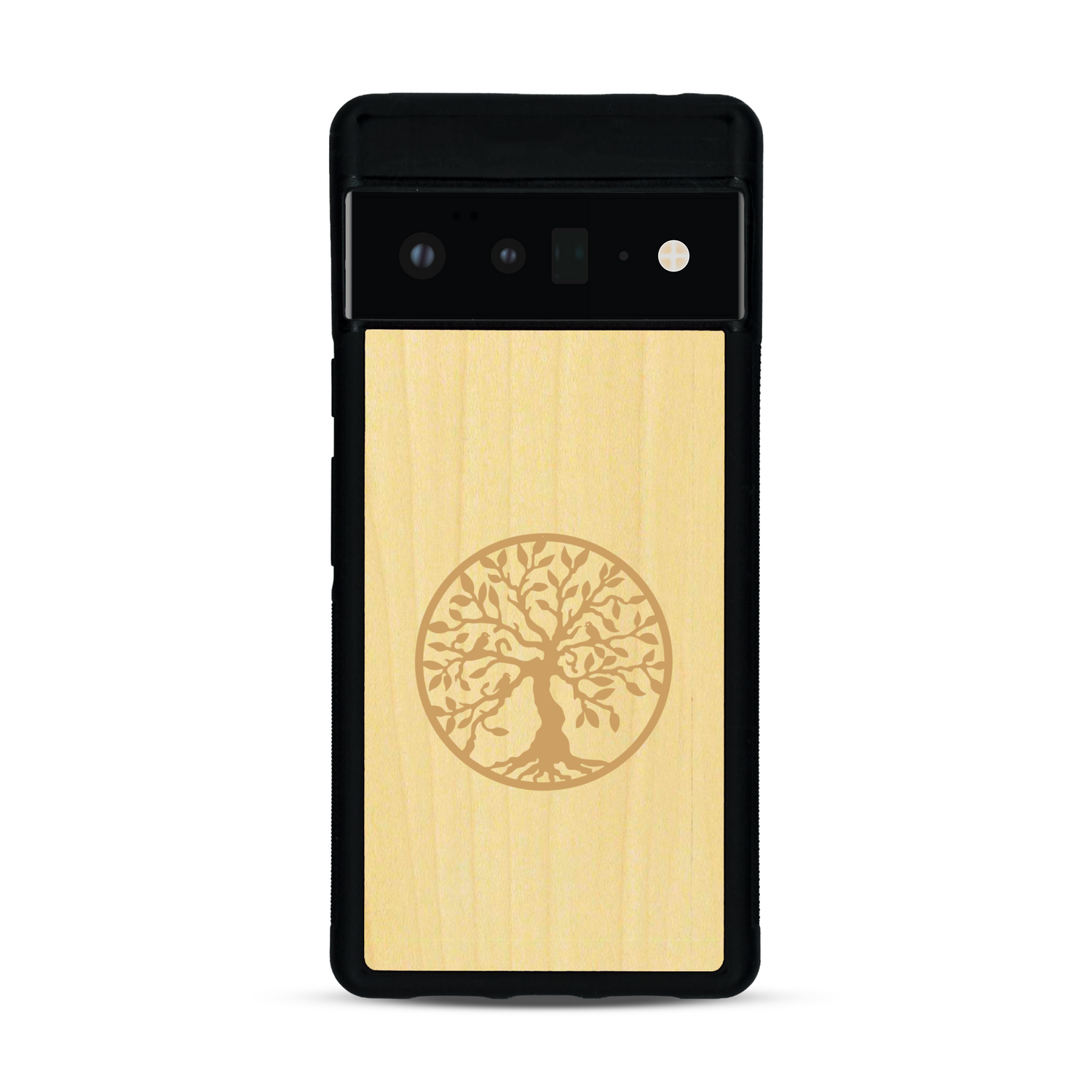 Coque de protection en bois véritable fabriquée en France pour  sur le thème de la spiritualité et du yoga avec une gravure zen représentant un arbre de vie