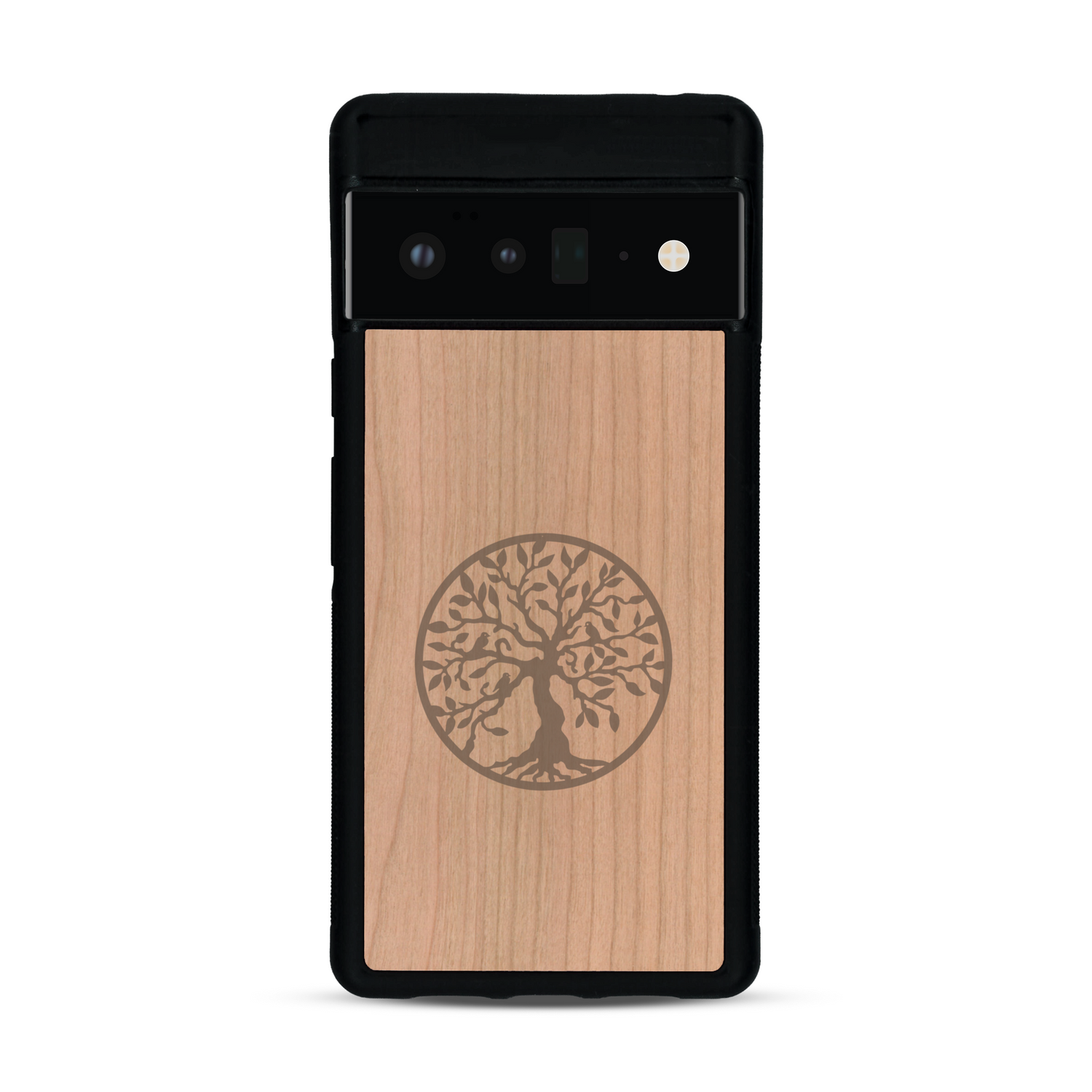 Coque de protection en bois véritable fabriquée en France pour  sur le thème de la spiritualité et du yoga avec une gravure zen représentant un arbre de vie