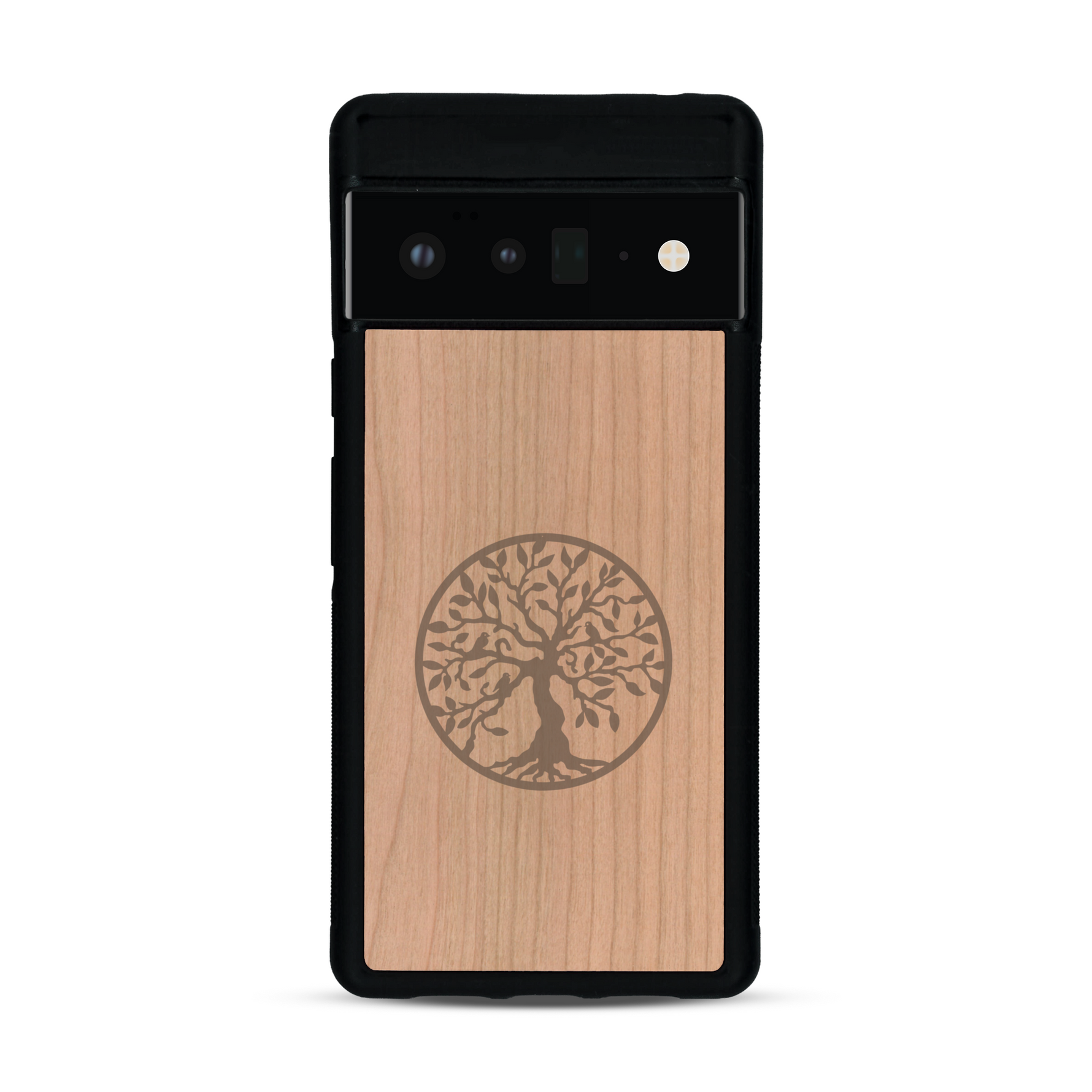 Coque de protection en bois véritable fabriquée en France pour  sur le thème de la spiritualité et du yoga avec une gravure zen représentant un arbre de vie