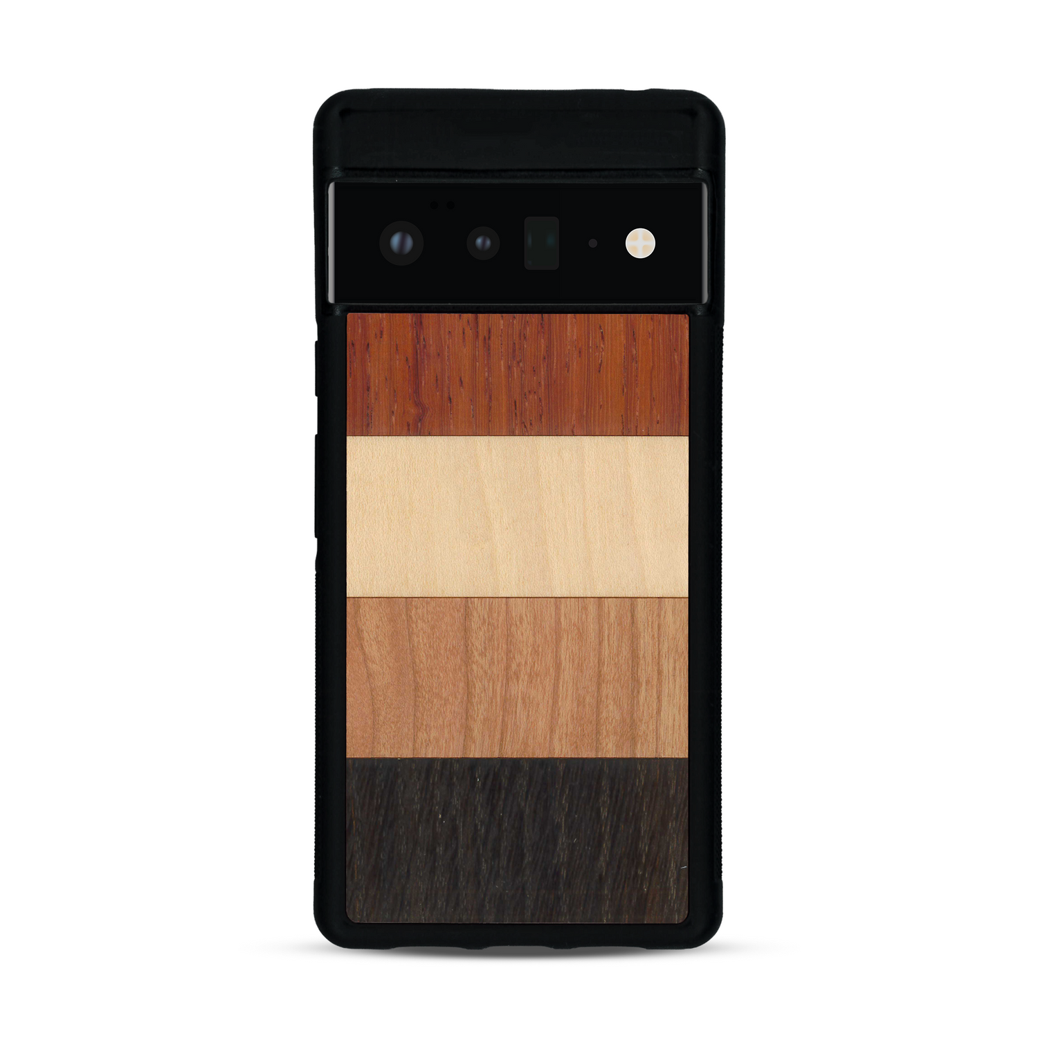 Coque de protection en bois véritable fabriquée en France pour  alliant des bandes horizontales de bambou, merisier, padouk, noyer et chêne fumé