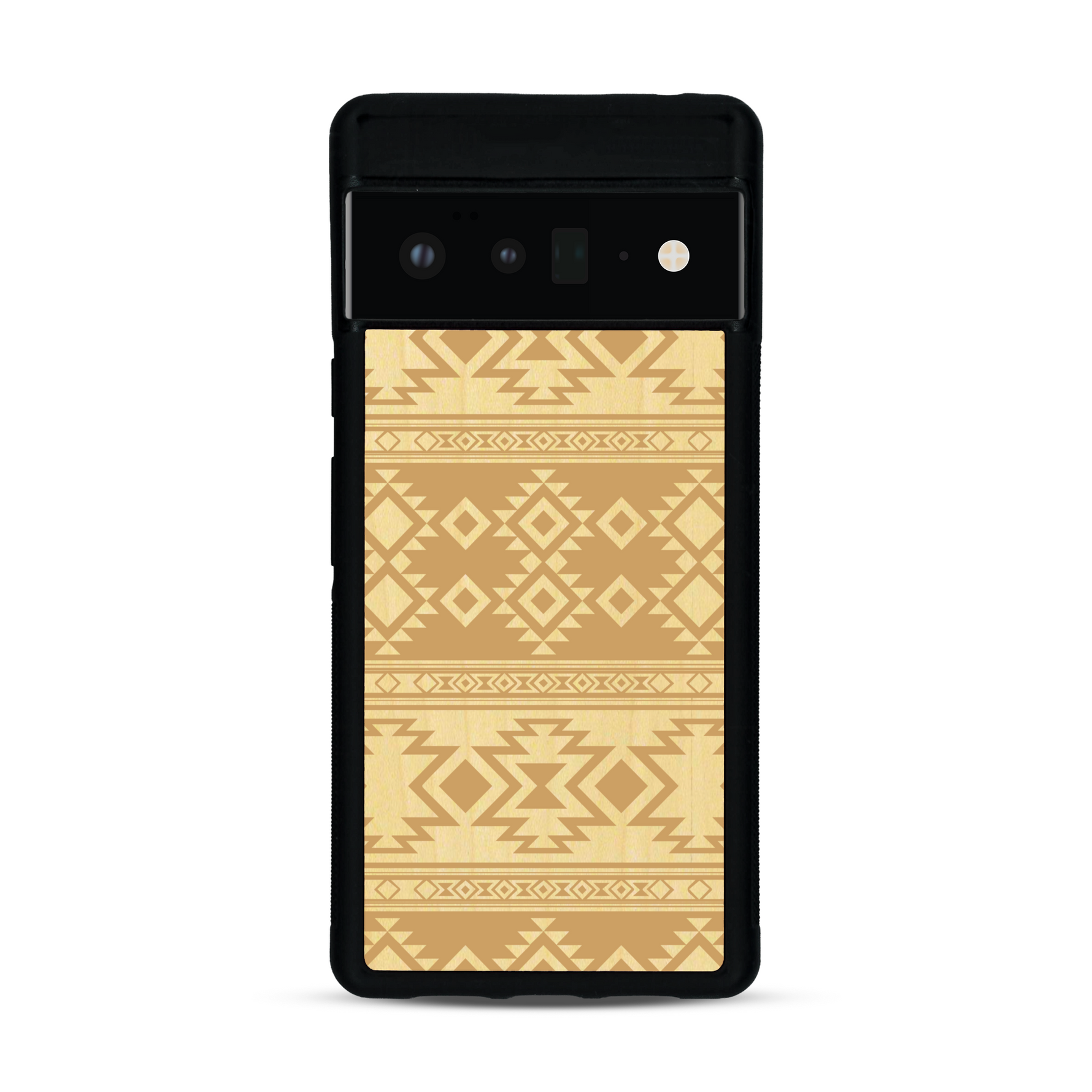 Coque de protection en bois véritable fabriquée en France pour  avec des motifs géométriques s'inspirant des temples aztèques, mayas et incas