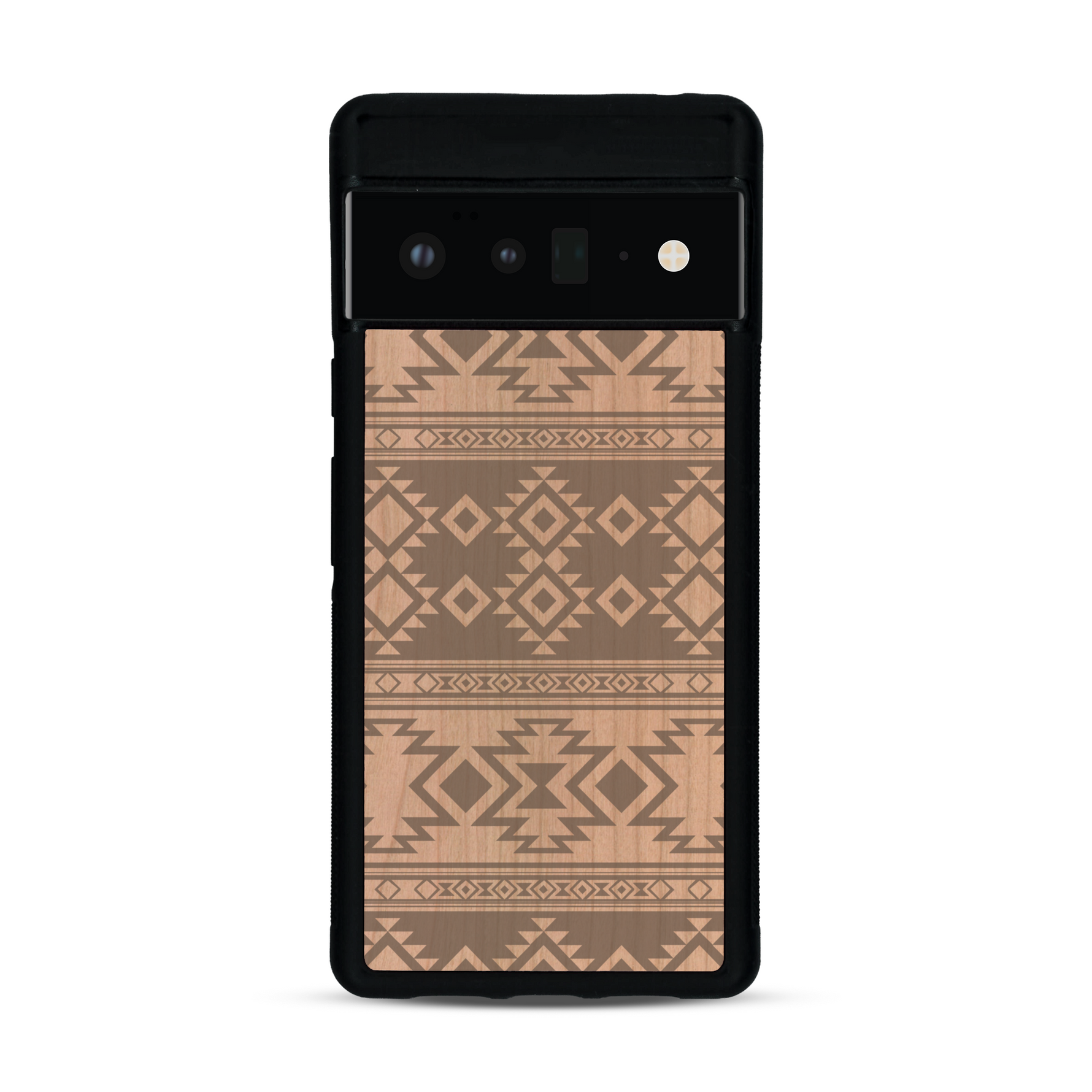 Coque de protection en bois véritable fabriquée en France pour  avec des motifs géométriques s'inspirant des temples aztèques, mayas et incas