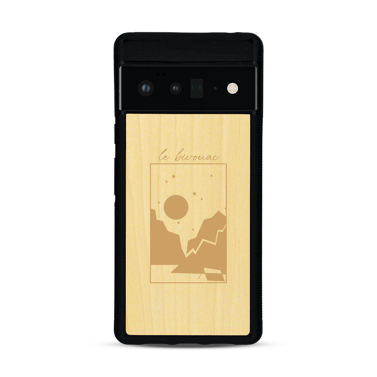 Coque de protection en bois véritable fabriquée en France pour  sur le thème du camping en pleine nature et du bivouac avec la phrase "Aventure is out there"