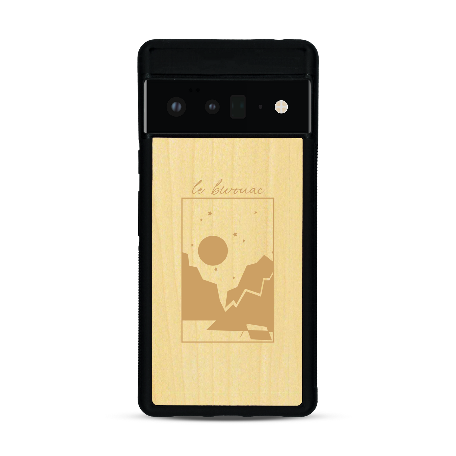 Coque de protection en bois véritable fabriquée en France pour  sur le thème du camping en pleine nature et du bivouac avec la phrase "Aventure is out there"