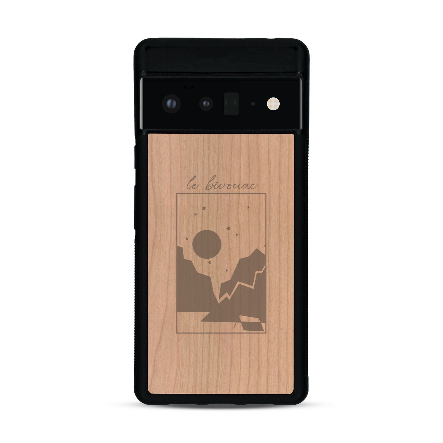 Coque de protection en bois véritable fabriquée en France pour  sur le thème du camping en pleine nature et du bivouac avec la phrase "Aventure is out there"