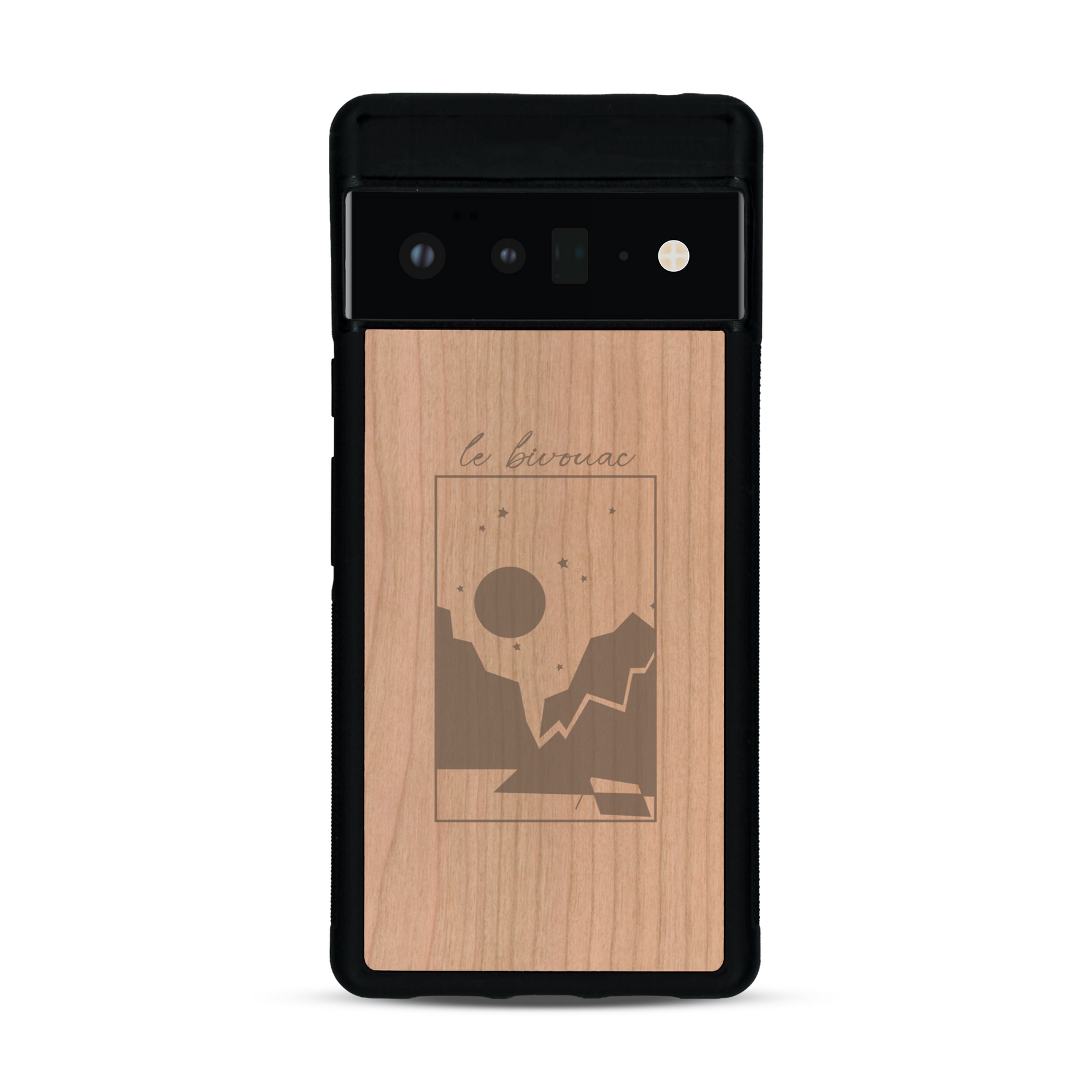 Coque de protection en bois véritable fabriquée en France pour  sur le thème du camping en pleine nature et du bivouac avec la phrase "Aventure is out there"