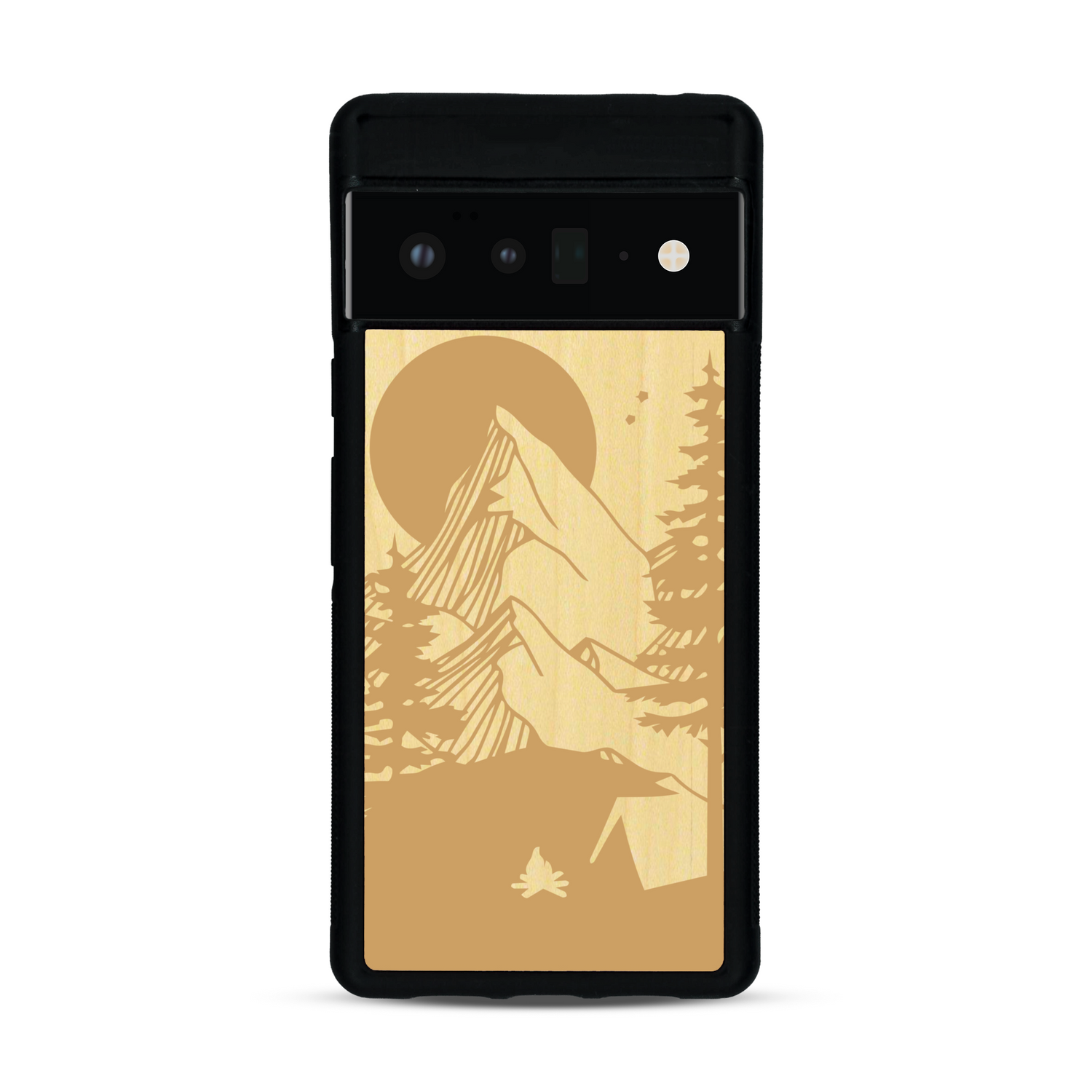Coque de protection en bois véritable fabriquée en France pour  sur le thème du camping en pleine nature représentant une tente avec un feu de camp entouré de montagnes